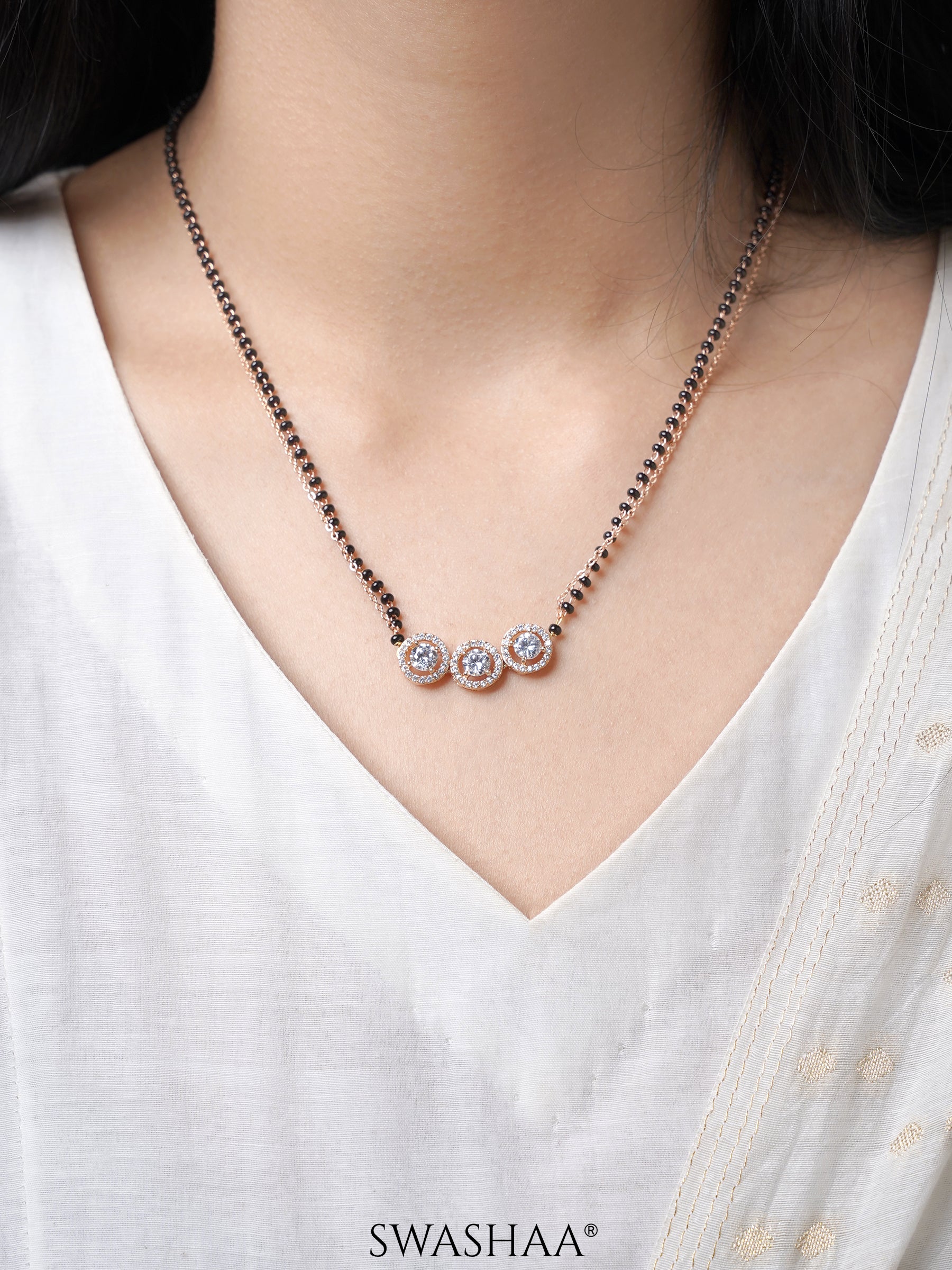 Pihu Three Round CZ Stones Layered Rosegold Plated Mangalsutra