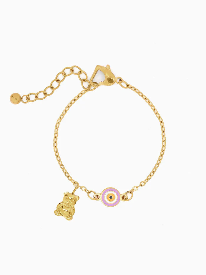 Pink Evil Eye Teddy Charm 18K Gold Plated Kid's Loose Bracelet