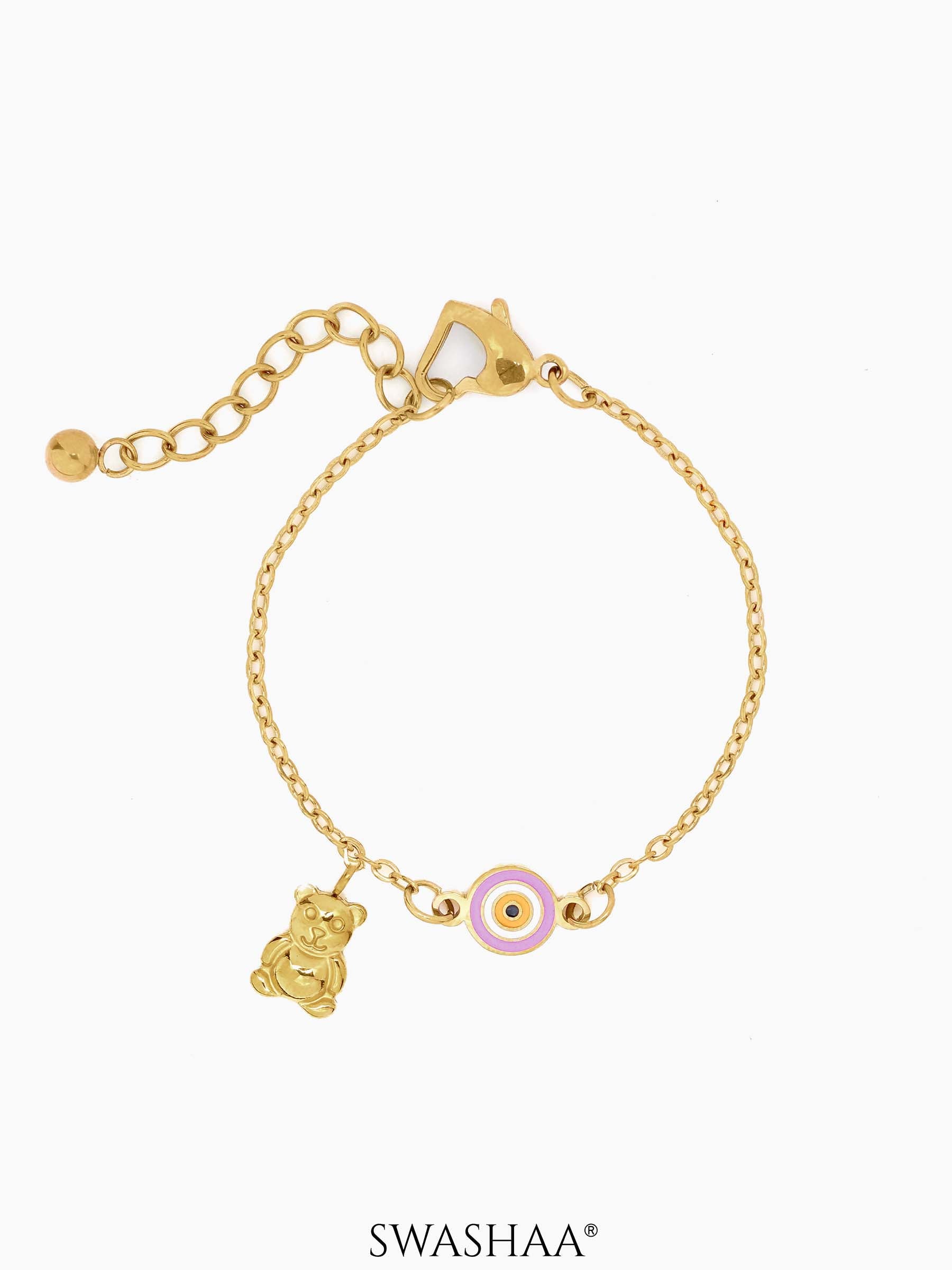 Pink Evil Eye Teddy Charm 18K Gold Plated Kid's Loose Bracelet