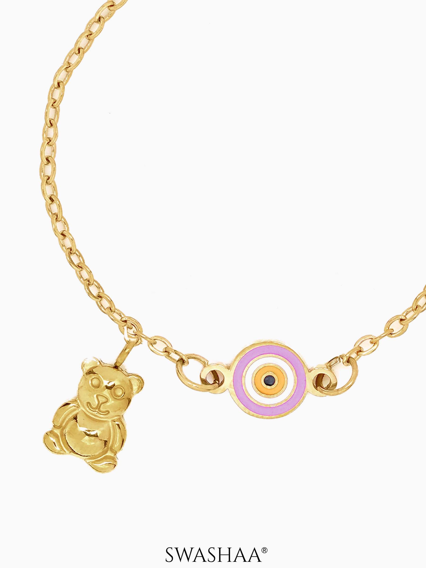 Pink Evil Eye Teddy Charm 18K Gold Plated Kid's Loose Bracelet