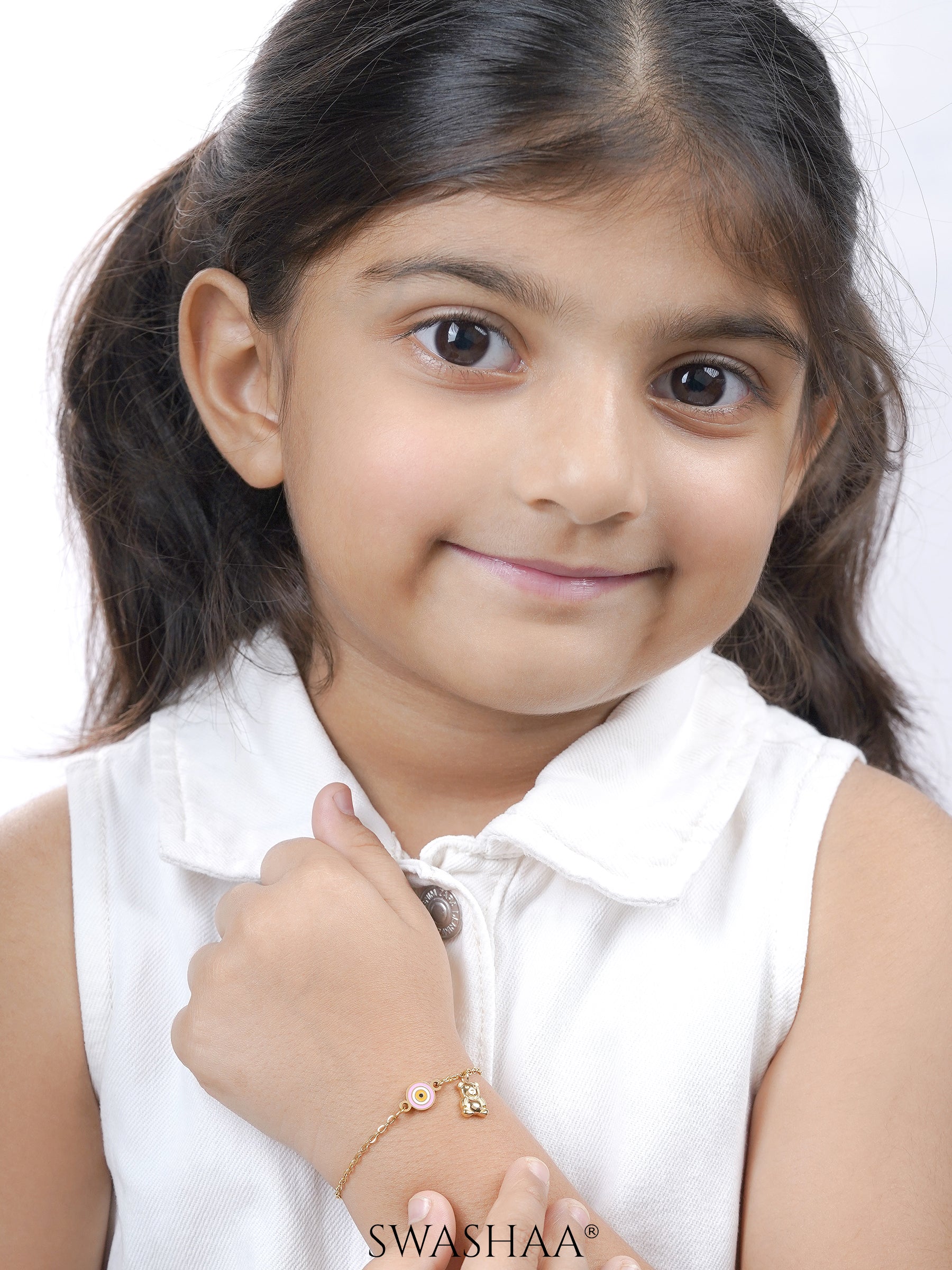 Pink Evil Eye Teddy Charm 18K Gold Plated Kid's Loose Bracelet