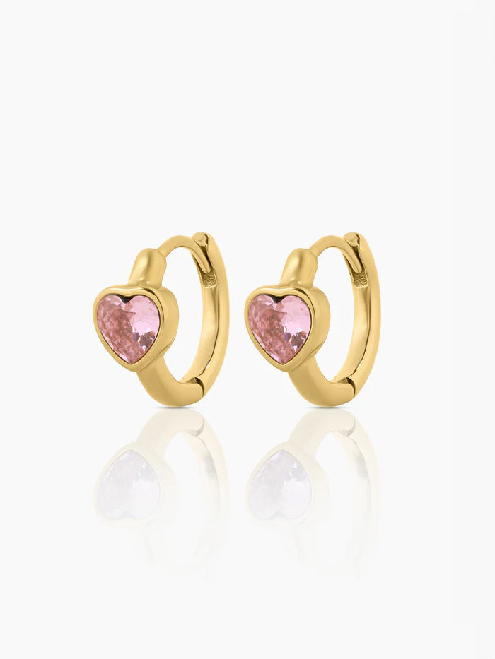 Pink Heart Dimaond 18K Gold Plated Kid's Hoop Earrings
