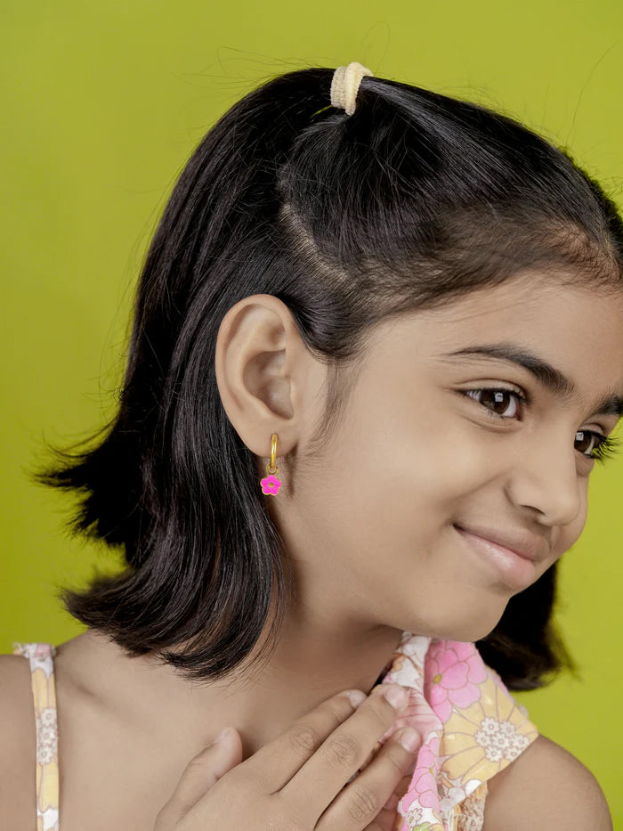 Pinky Flower Charm 18K Gold Plated Kid's Hoop Dangling Earrings