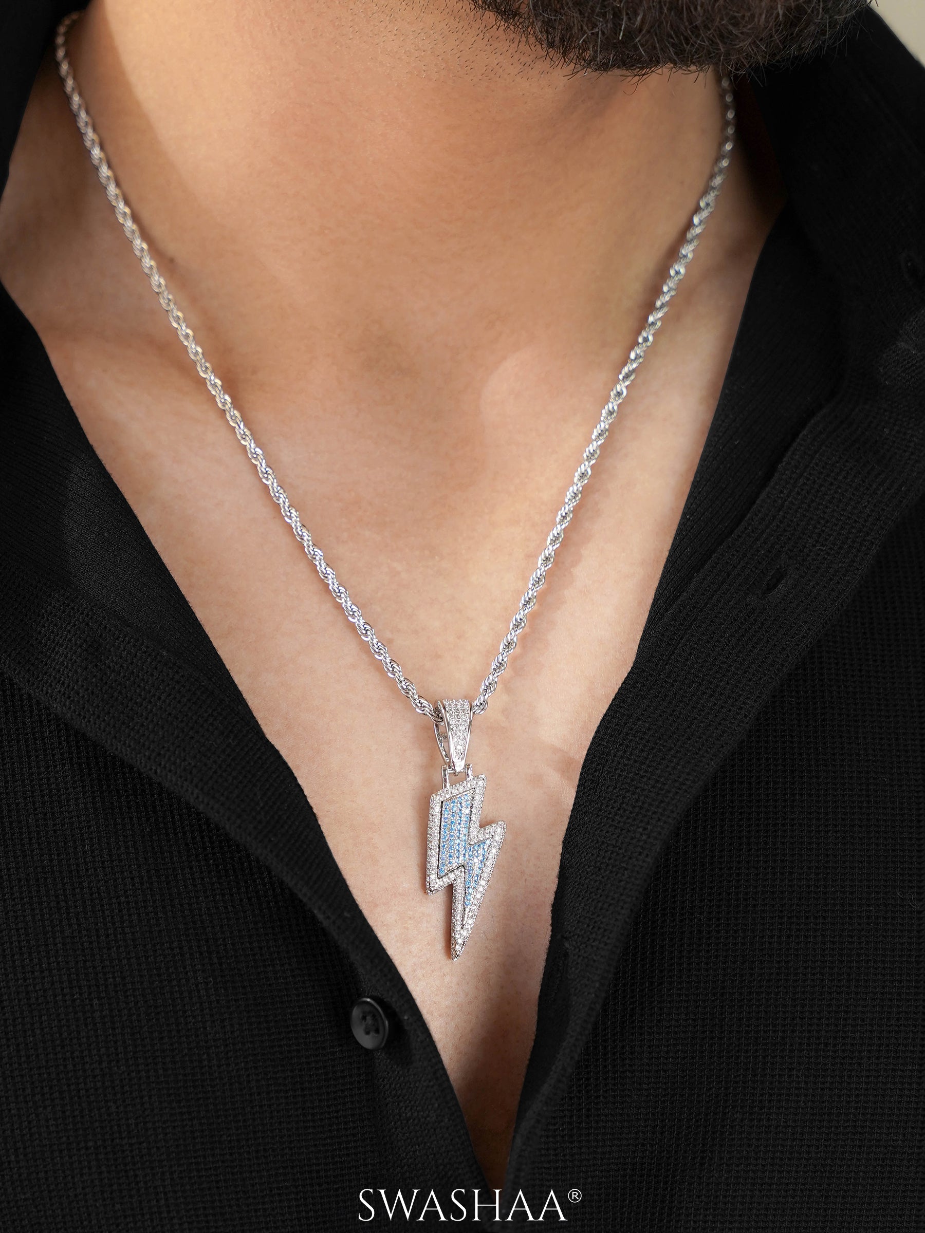 Potter Lightning Diamond Bolt Blue Silver Men's Chain Pendant