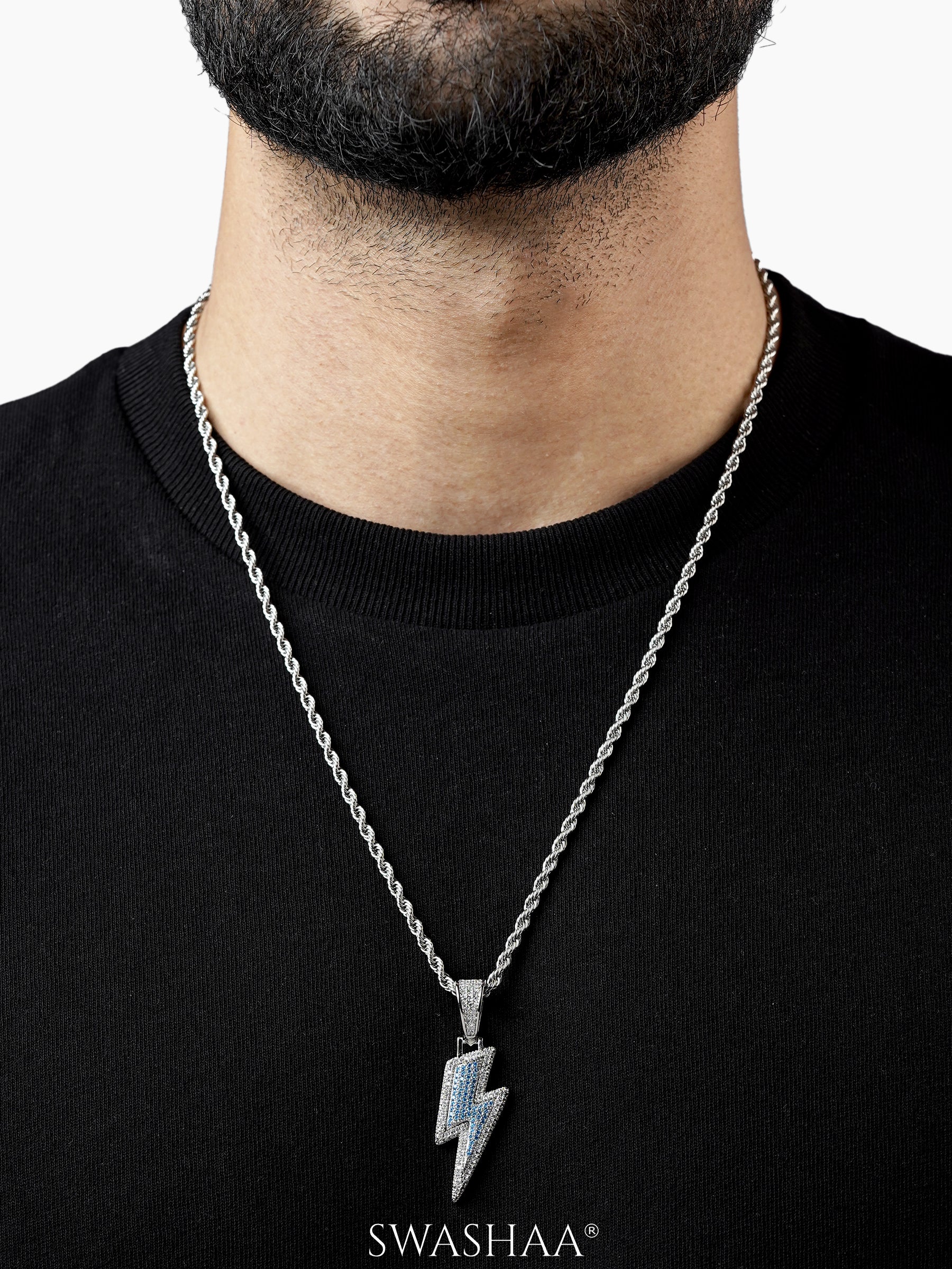 Potter Lightning Diamond Bolt Blue Silver Men's Chain Pendant