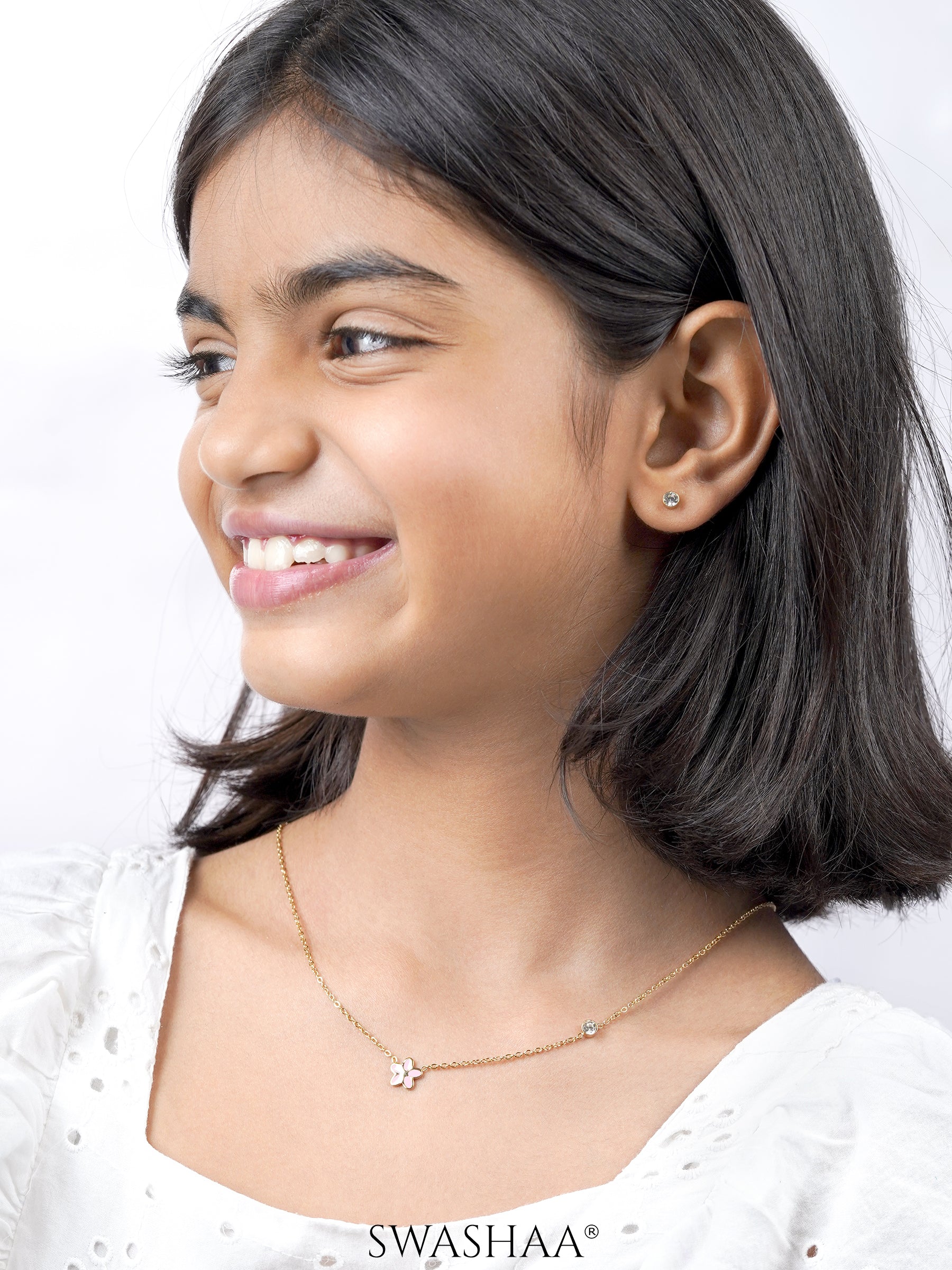 Pretty Pink Flower Charm Kid's Jewelry Set Of 2 Necklace & Earrings