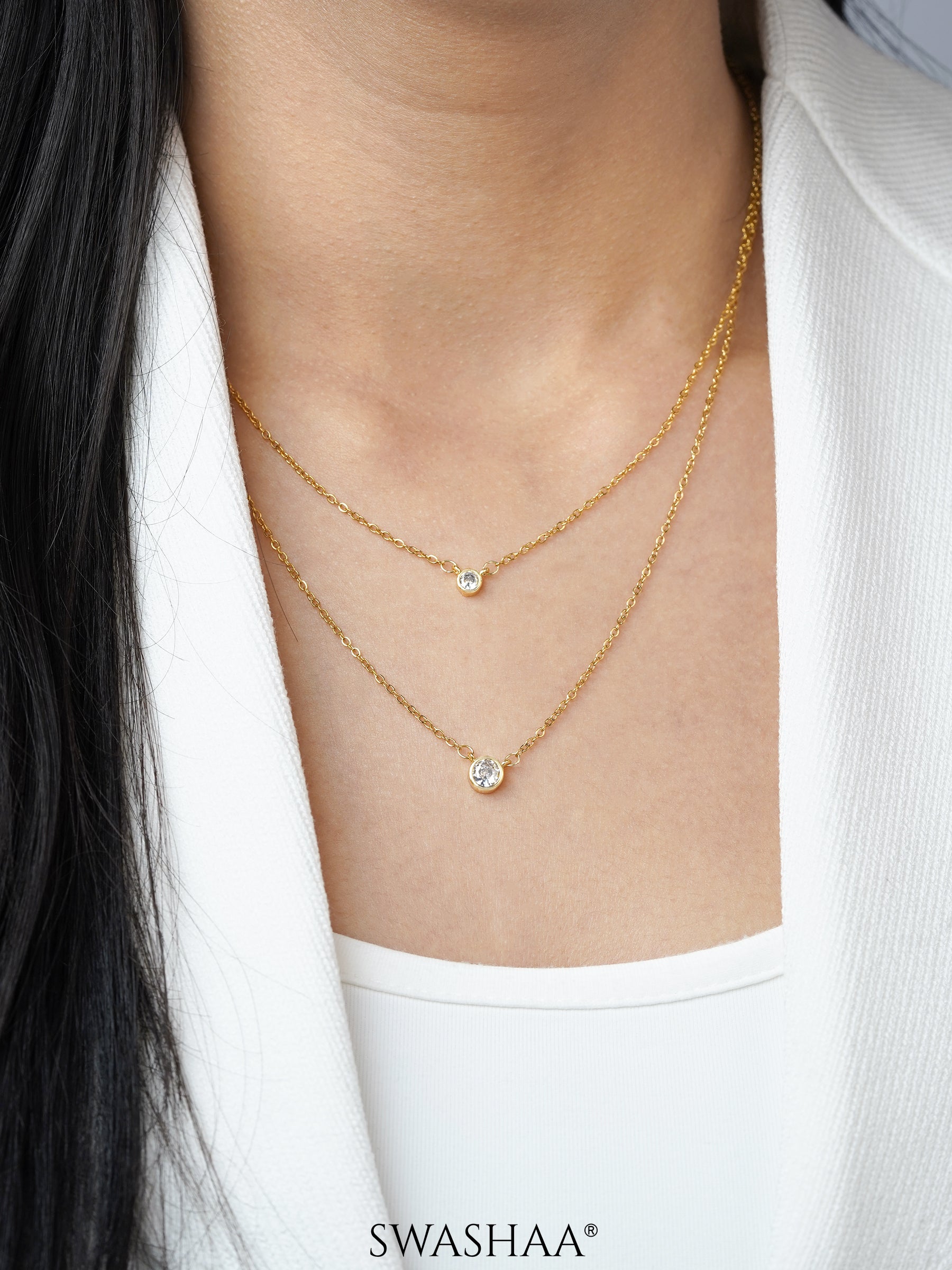 Quilla Dual Layered Diamond Stud 18K Gold Plated Chain Necklace