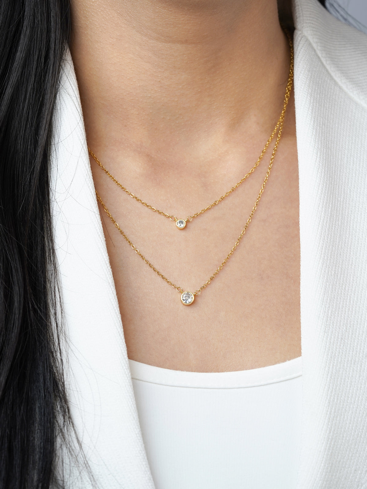 Quilla Dual Layered Diamond Stud 18K Gold Plated Chain Necklace