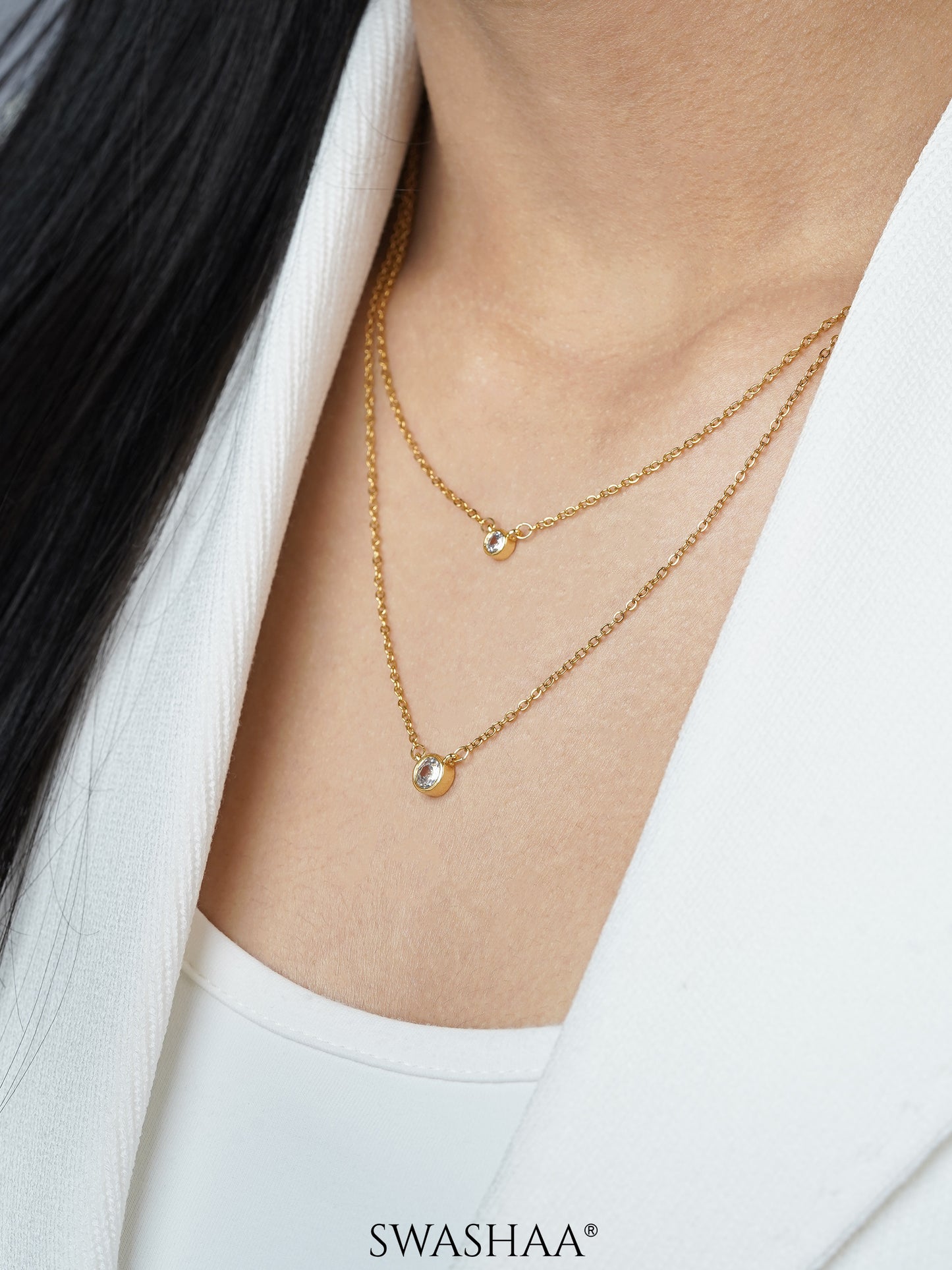 Quilla Dual Layered Diamond Stud 18K Gold Plated Necklace