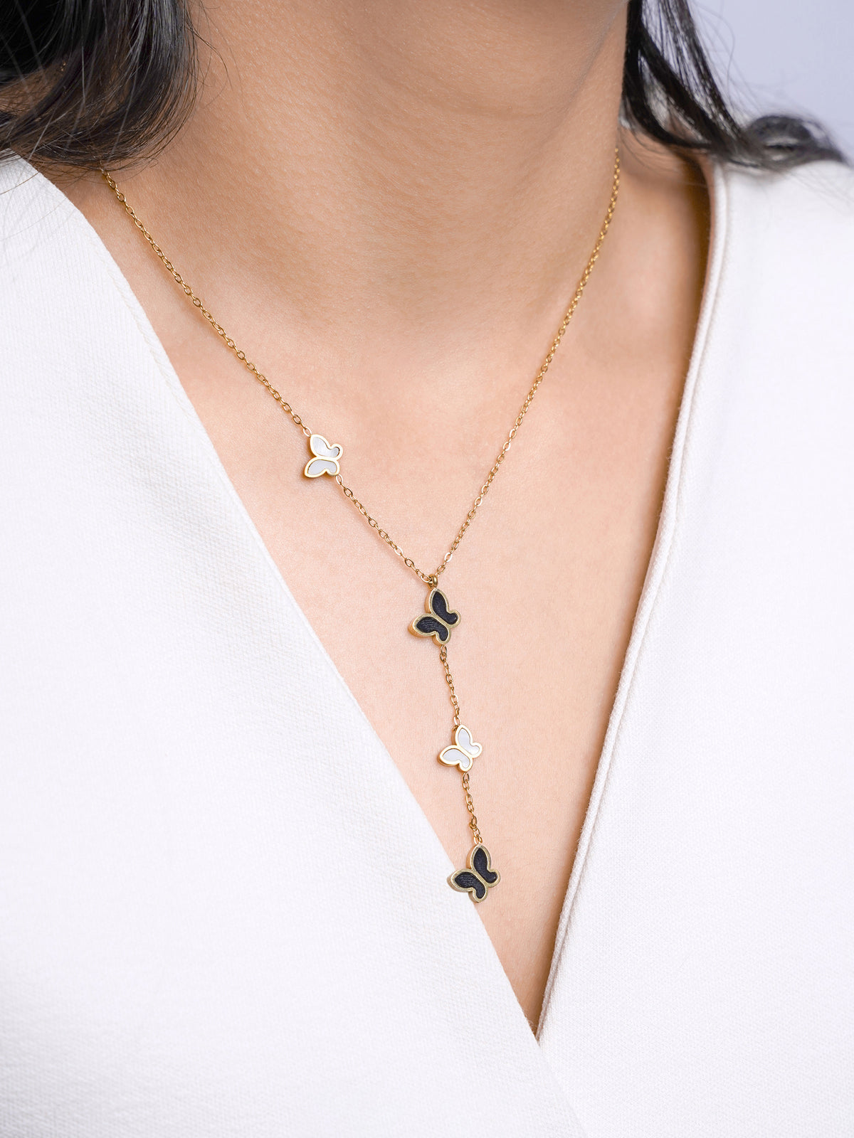 Raina Black White Butterfly Charms 18K Gold Plated Y-Shaped Pendant Necklace