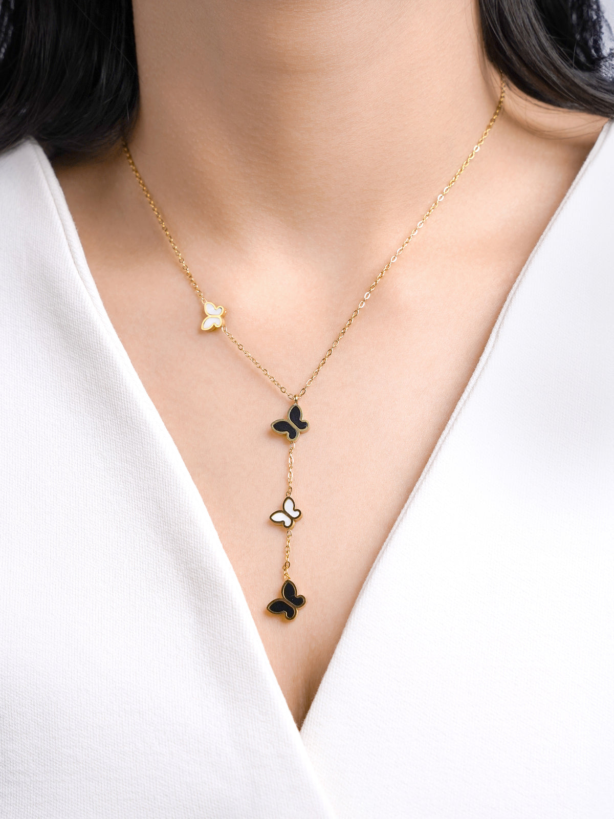 Raina Black White Butterfly Charms 18K Gold Plated Y-Shaped Pendant Necklace