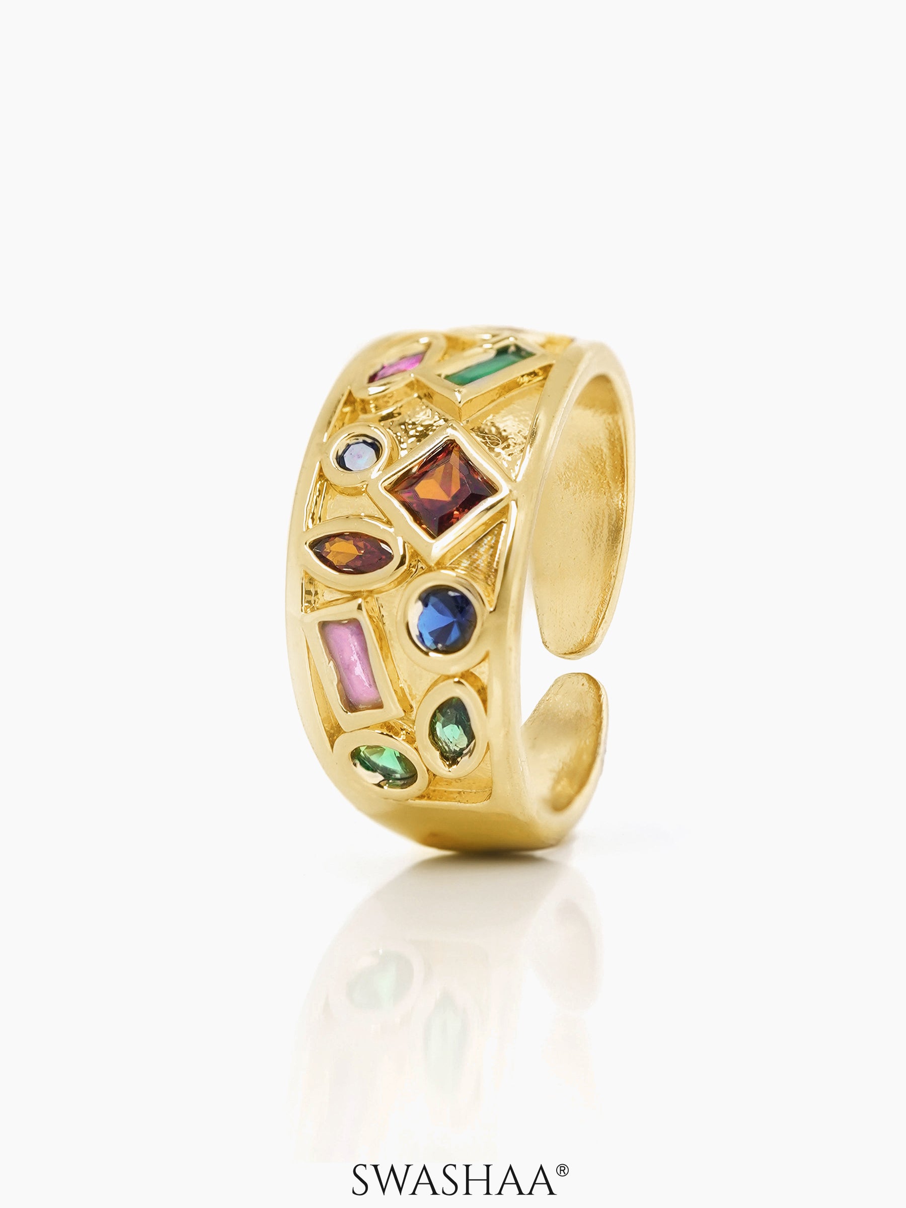 Rasam Multicolored Gemstones Geometric Shapes Diamond 18K Gold Plated Ring