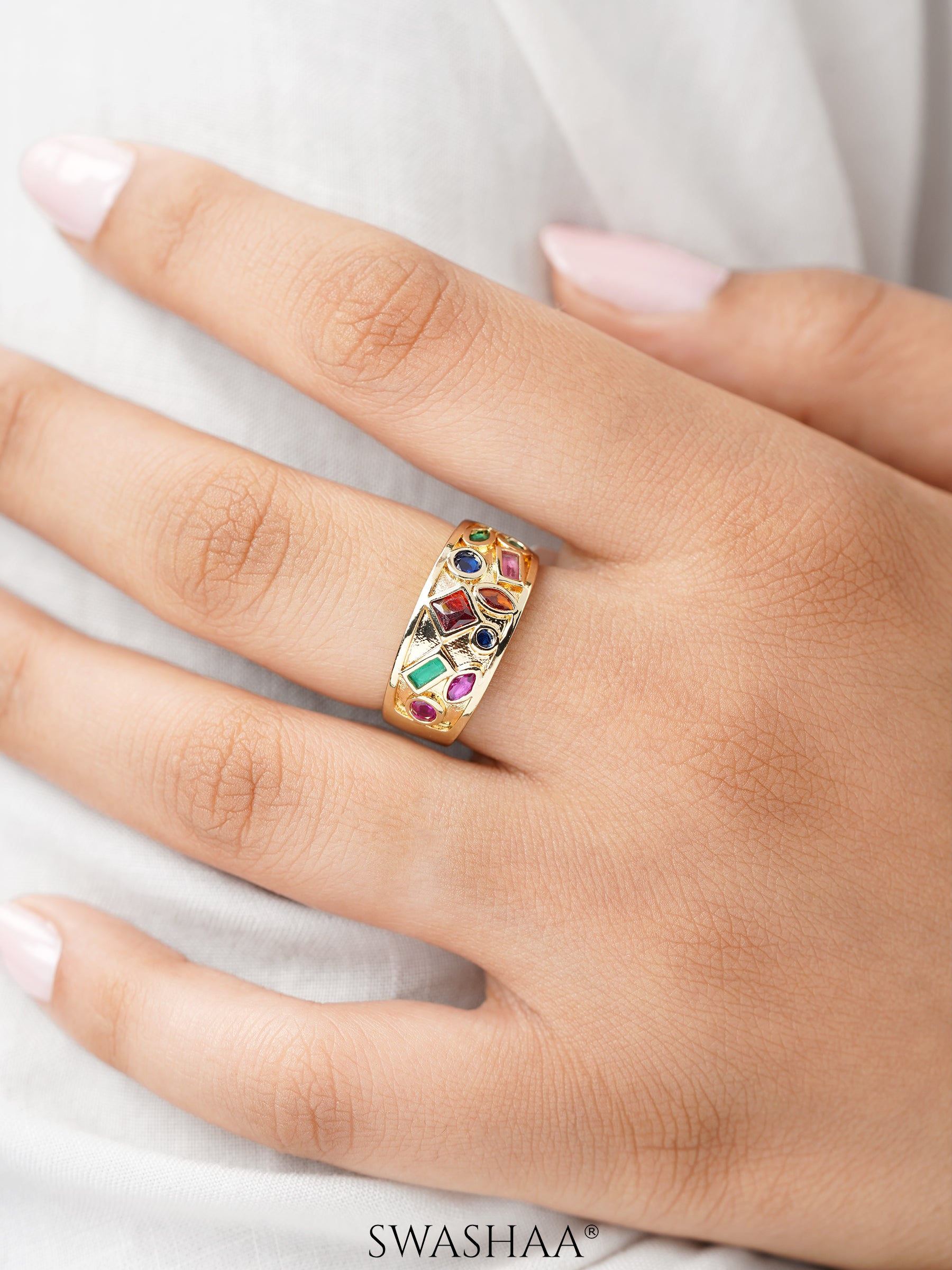 Rasam Multicolored Gemstones Geometric Shapes Diamond 18K Gold Plated Ring