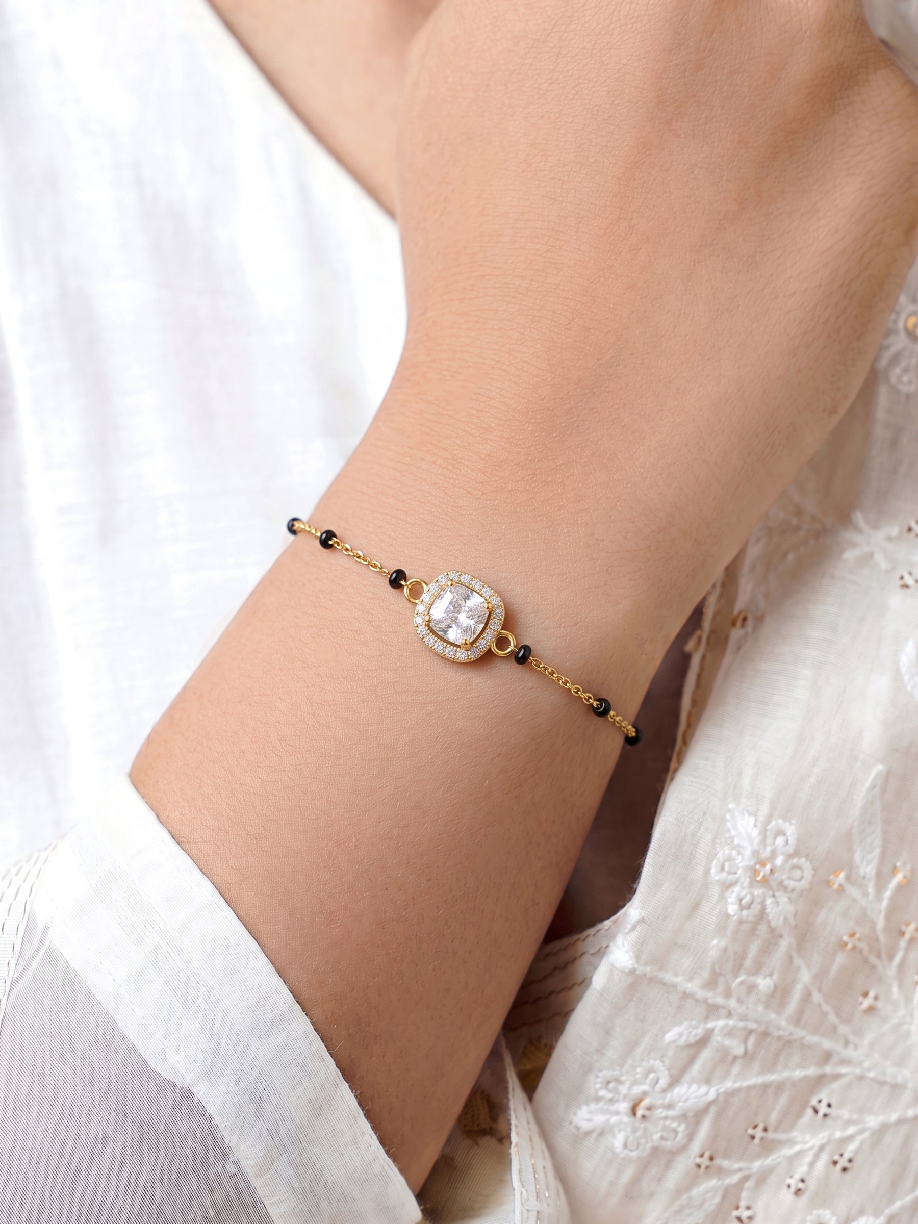 Rashi Diamond Solitaire Halo 18K Gold Plated Mangalsutra Bracelet