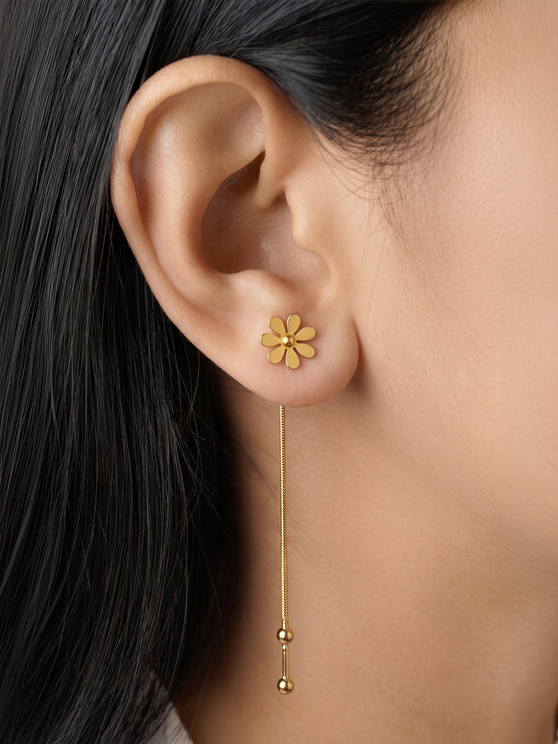 Ravina Blossom Flower Petal Chain Beads Drop 18K Gold Plated Women's Dangling Earrings