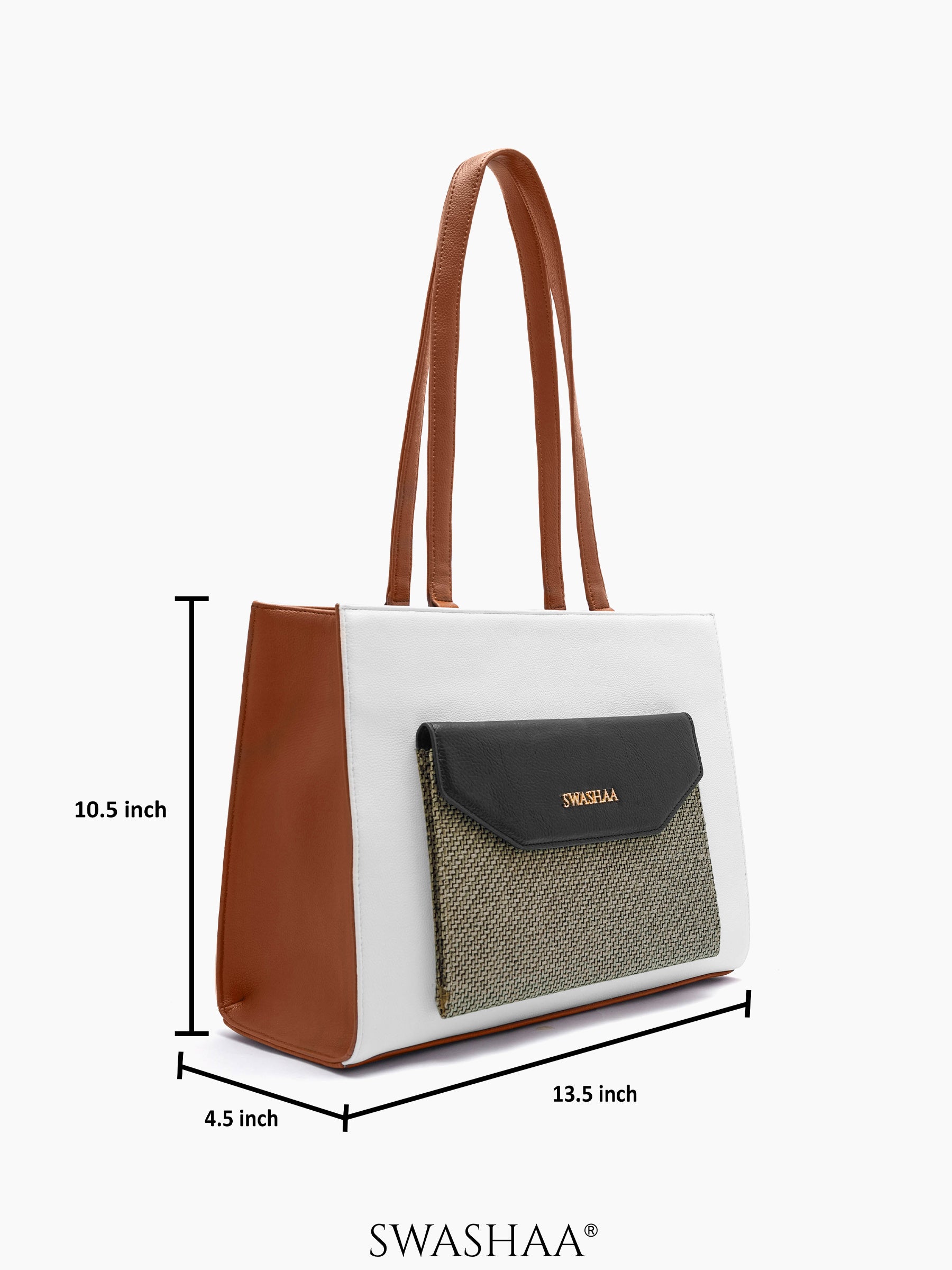 Reece White Brown Printed Front Pocket Women's Leather Tote Bag