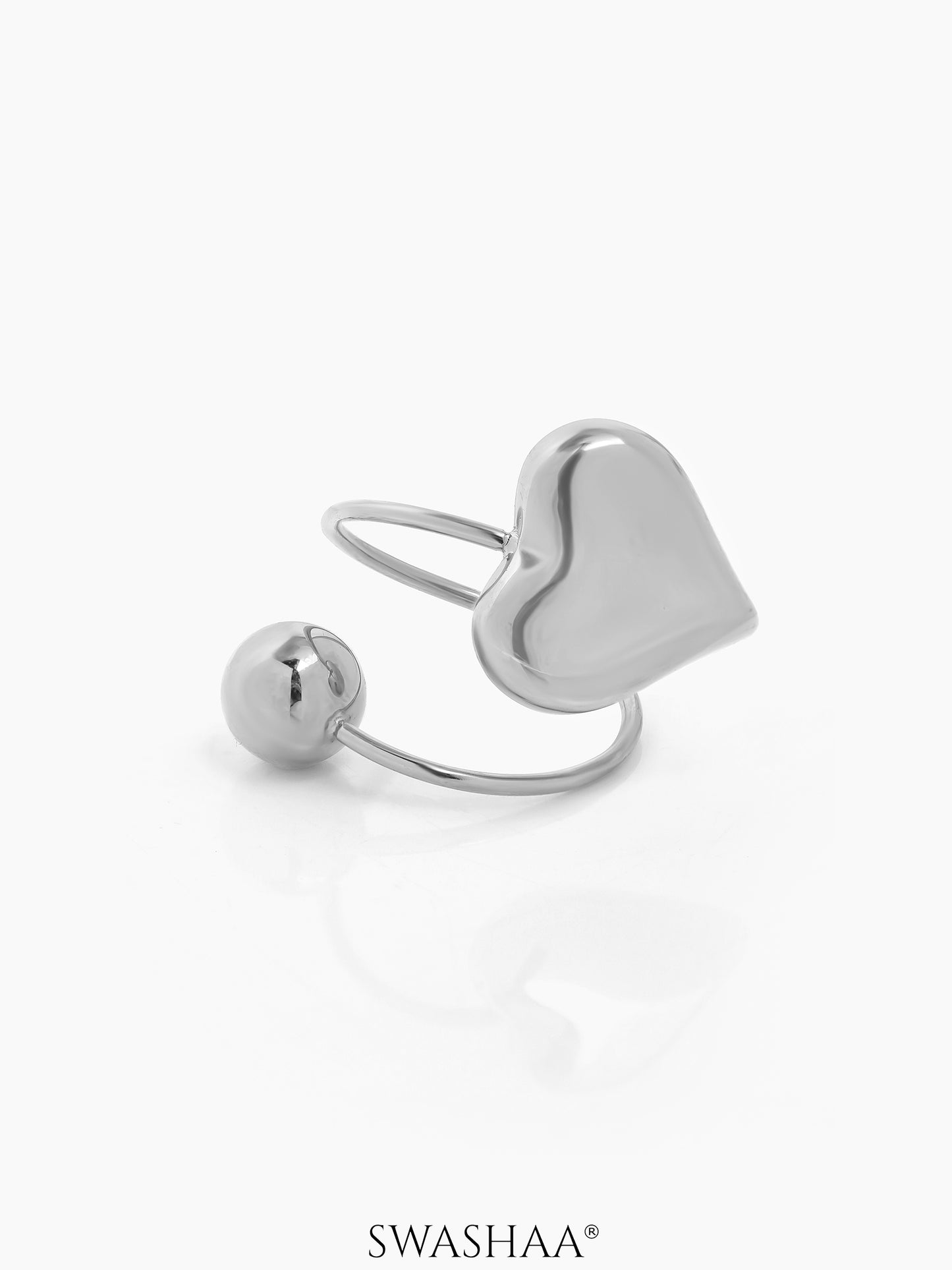 Reemi Puffed Glossy Heart Charm Round Bead Silver Ring