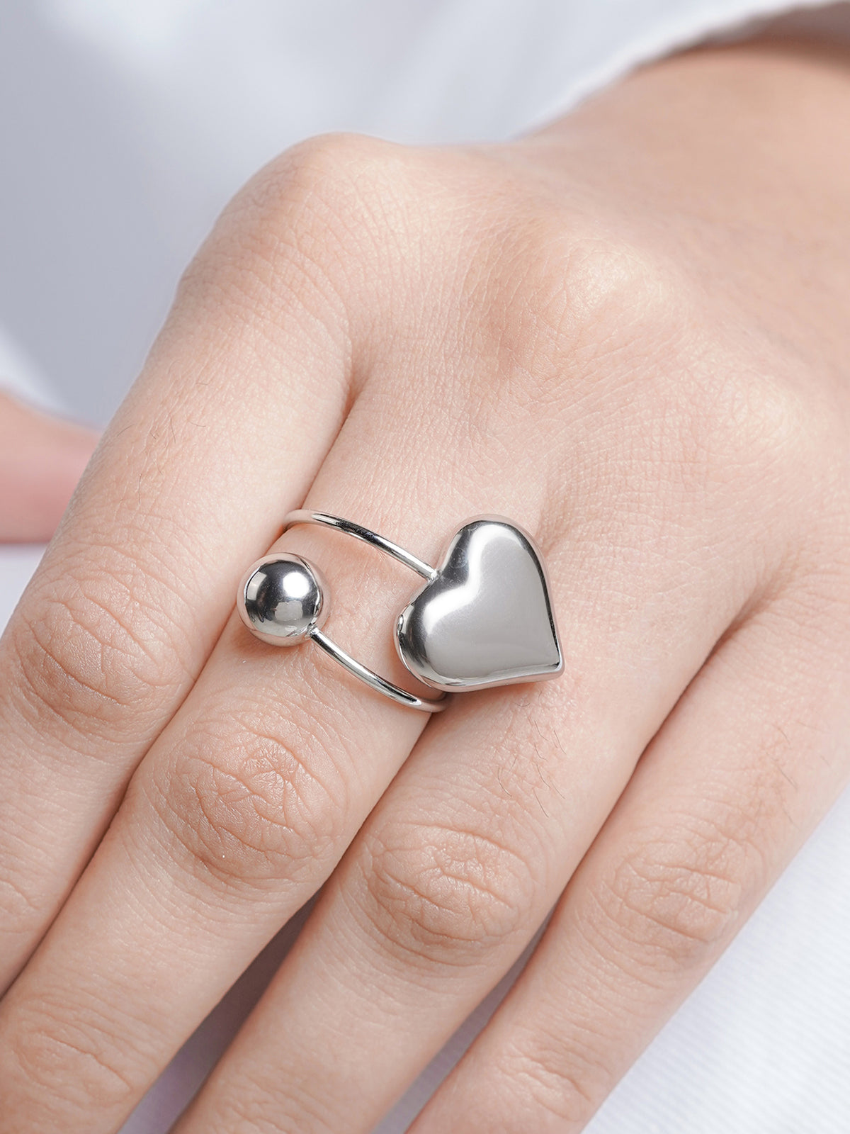 Reemi Puffed Glossy Heart Charm Round Bead Silver Ring