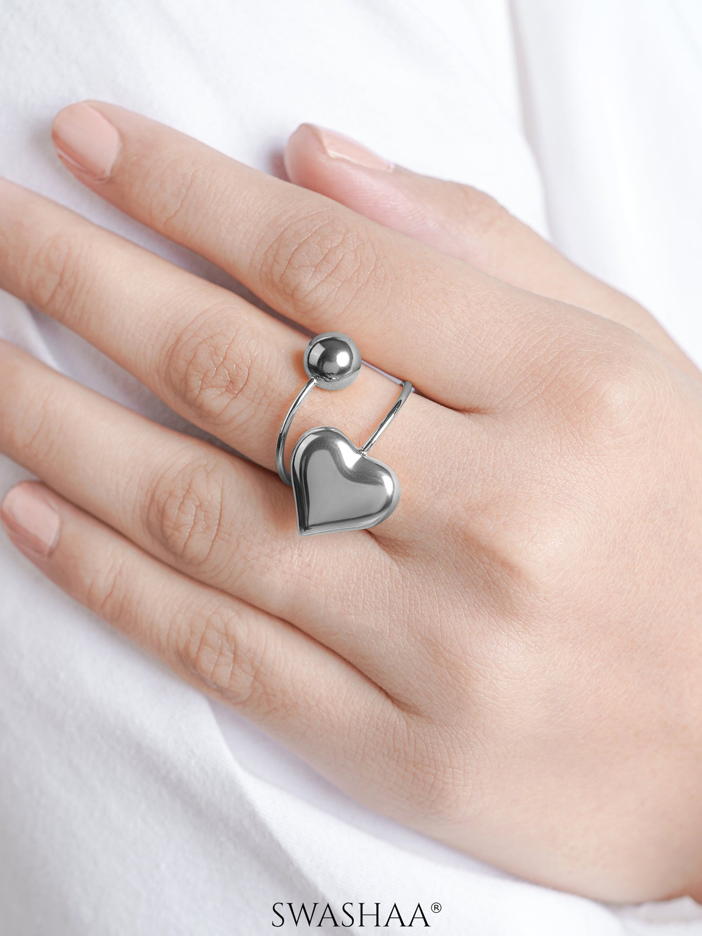 Reemi Puffed Glossy Heart Charm Round Bead Silver Ring