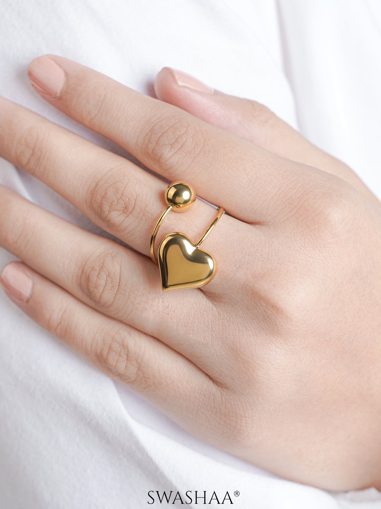 Reemi Puffed Glossy Heart Charm Round Bead 18K Gold Plated Ring