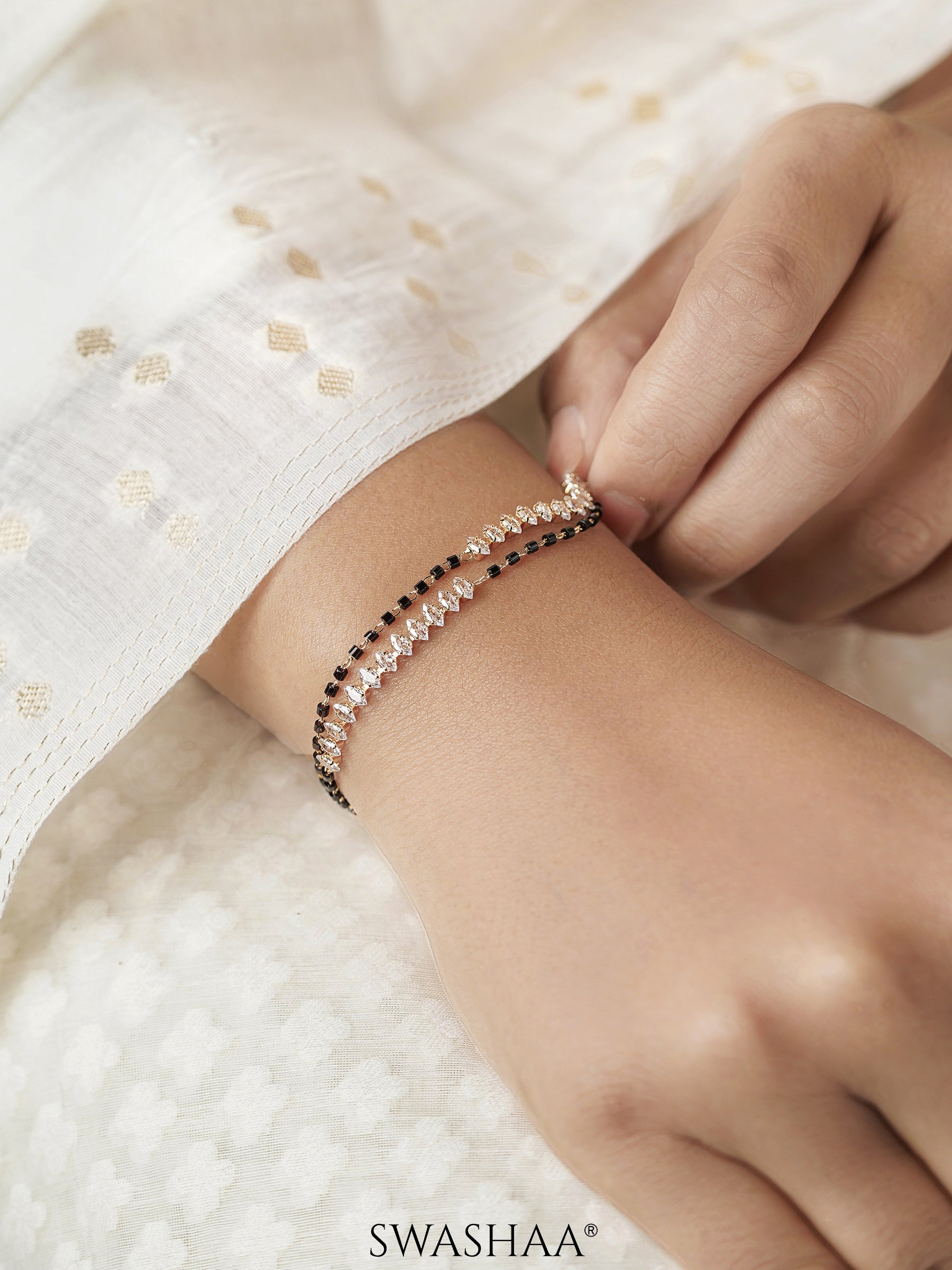 Rehaa Marquise Sparkling White Diamond Sparkling White Stones Double Layered 18K Gold Plated Mangalsutra Bracelet