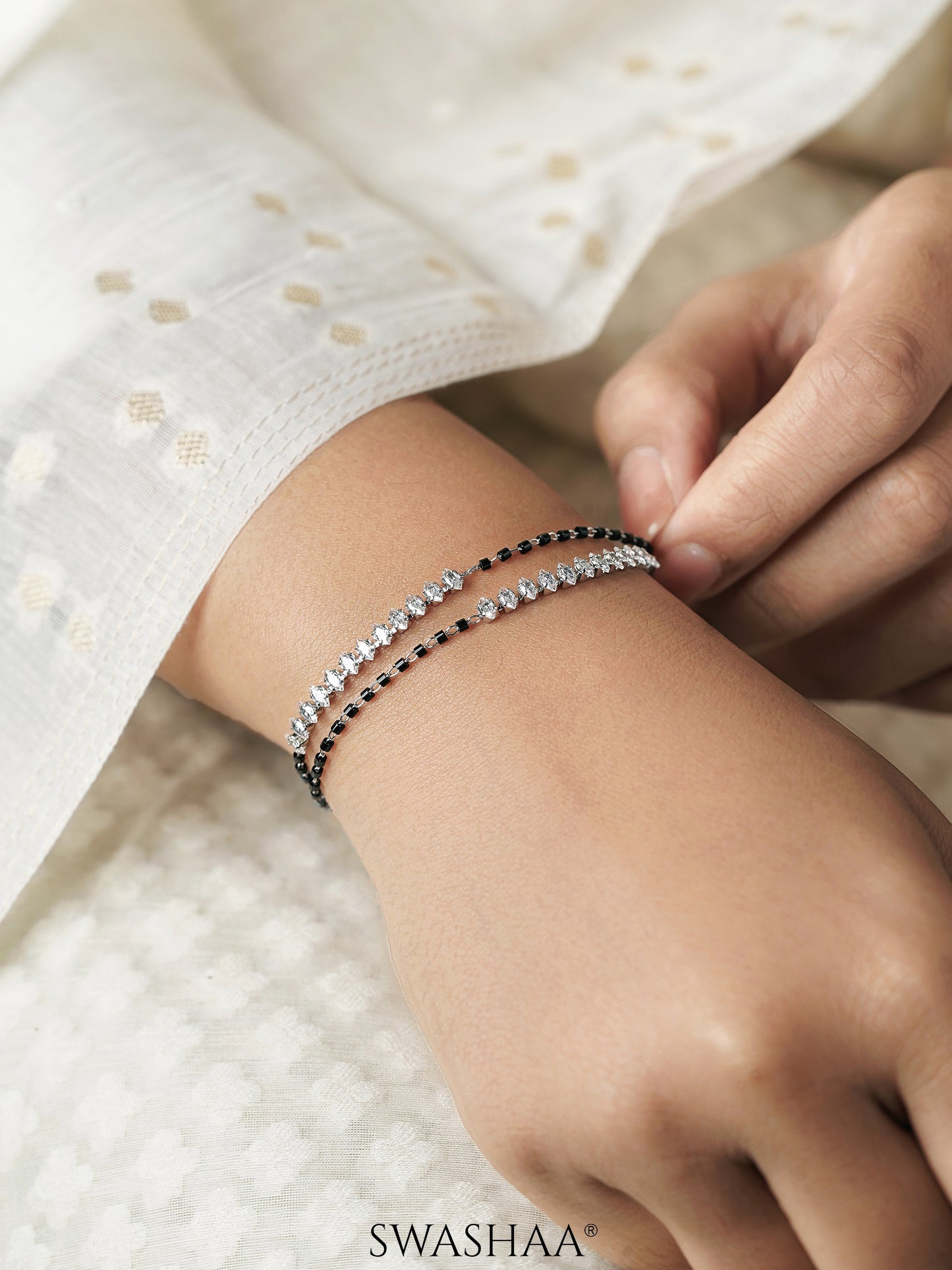 Rehaa Marquise Sparkling White Diamond Stones Double Layered Silver Mangalsutra Bracelet