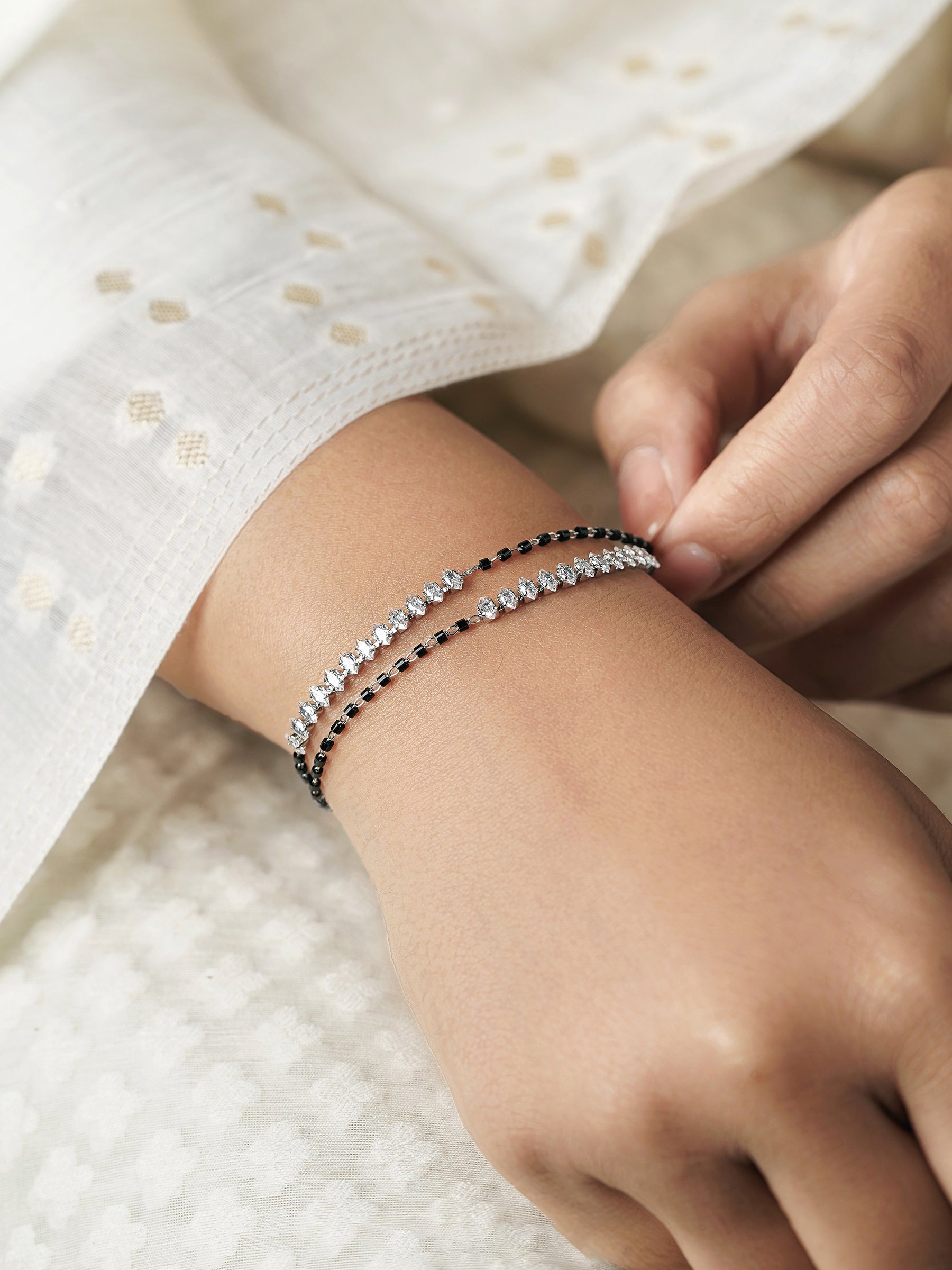 Rehaa Marquise Sparkling White Diamond Stones Double Layered Silver Mangalsutra Bracelet