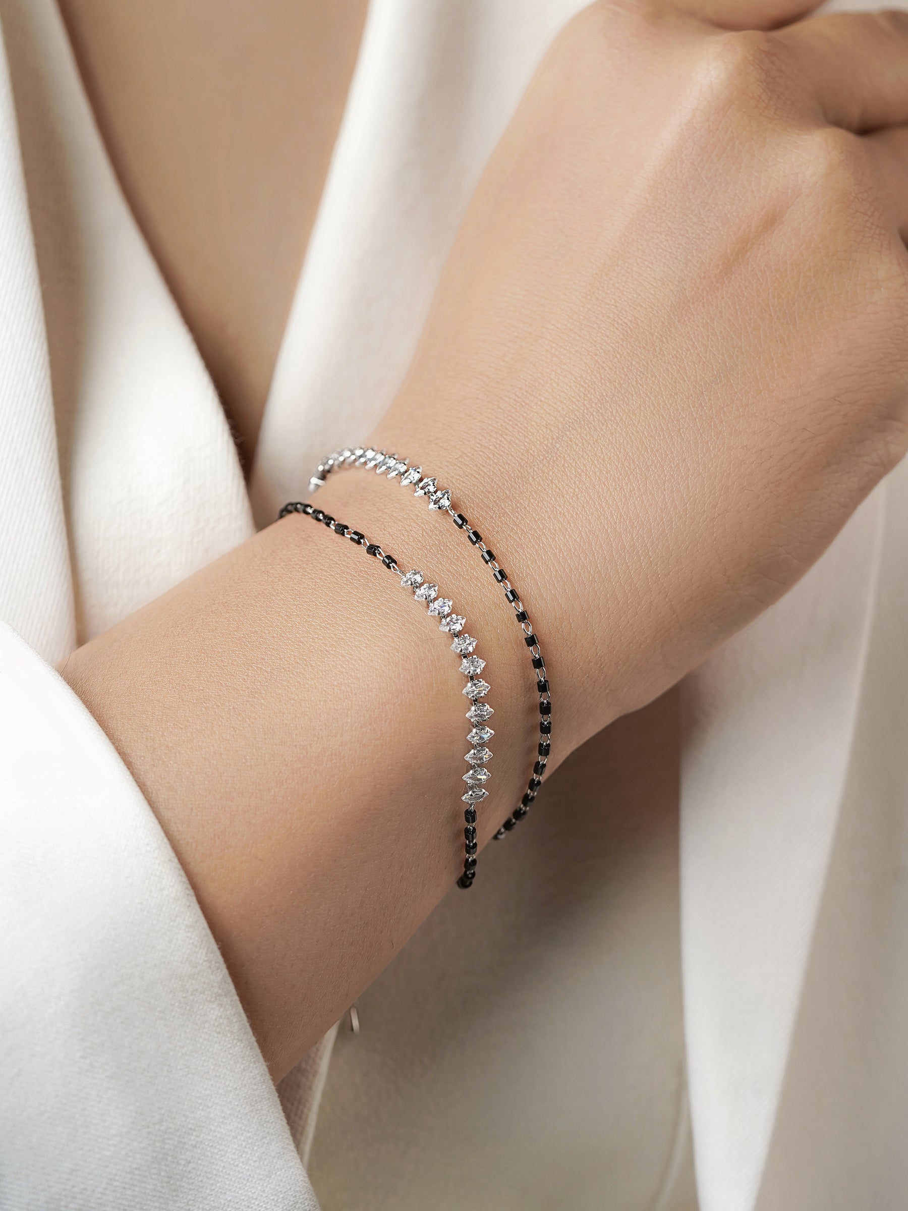 Rehaa Marquise Sparkling White Diamond Stones Double Layered Silver Mangalsutra Bracelet