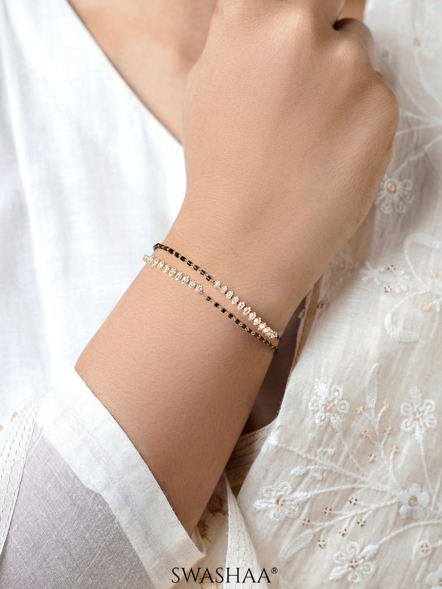 Rehaa Marquise Sparkling White Diamond Sparkling White Stones Double Layered 18K Gold Plated Mangalsutra Bracelet