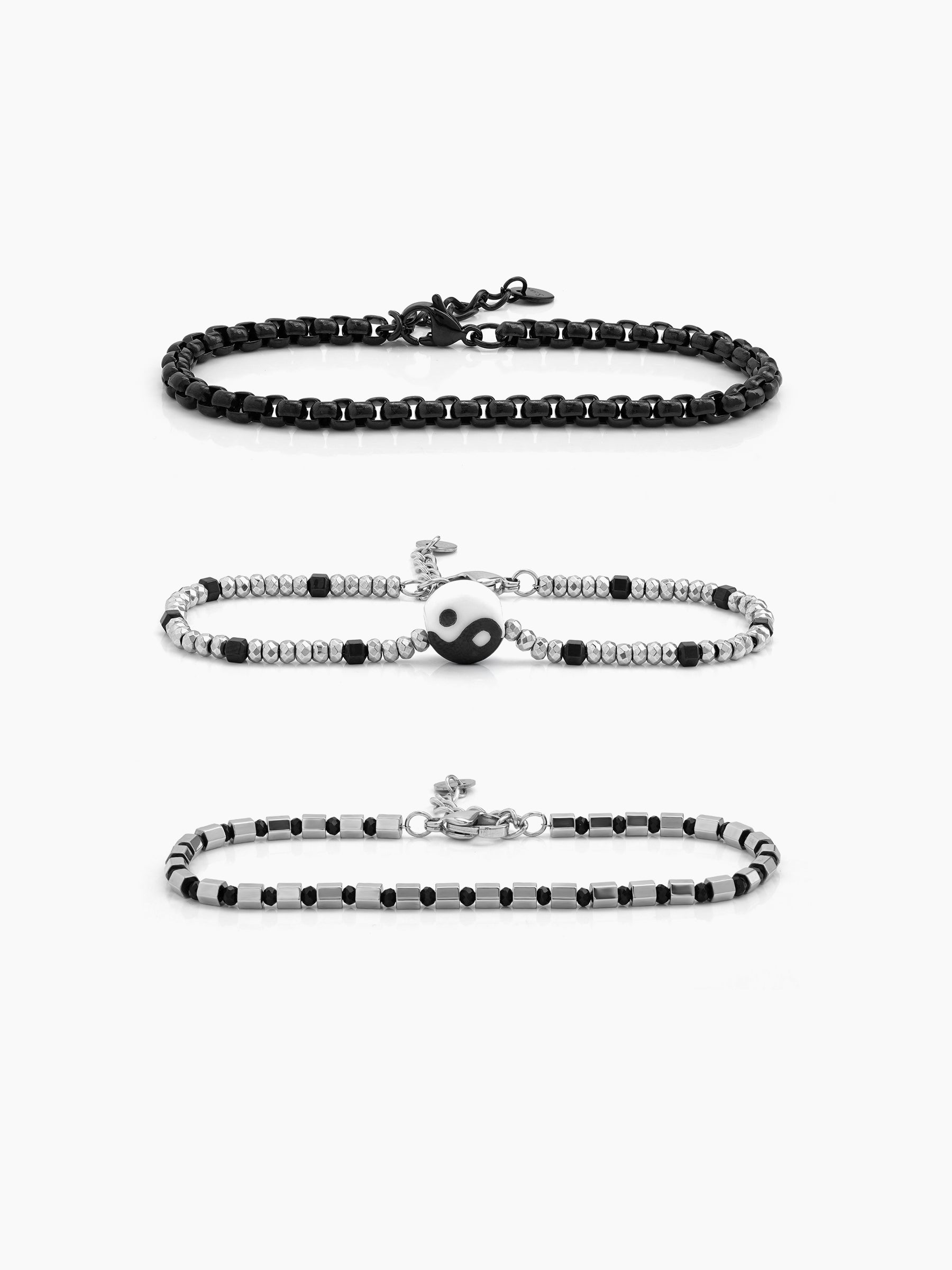 Renvar Box Chain Beaded Charm Black - Silver Men's Bracelet Set