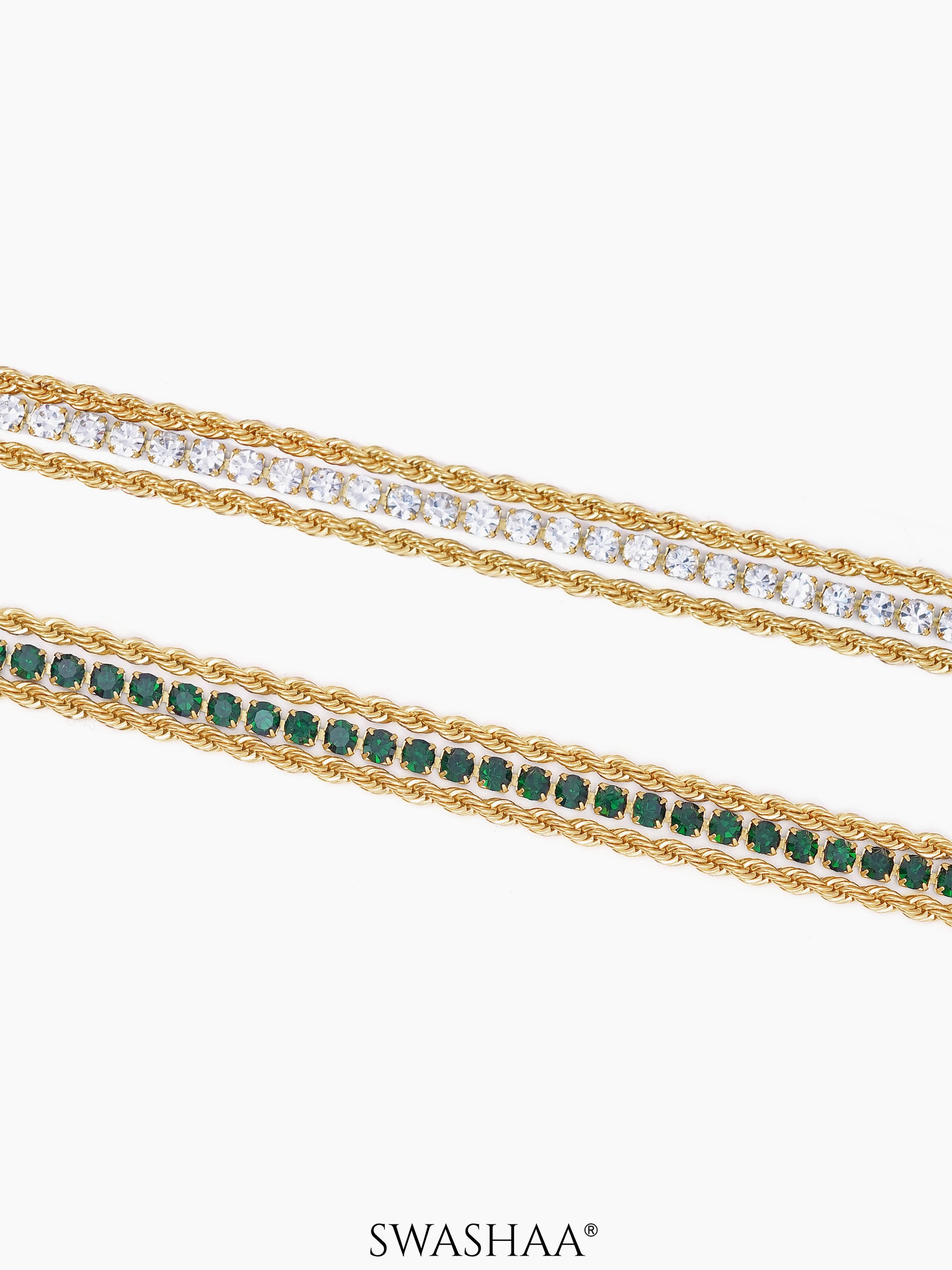 Reya White-Green Diamond Charms Layered Rope 18K Gold Plated Loose Bracelet