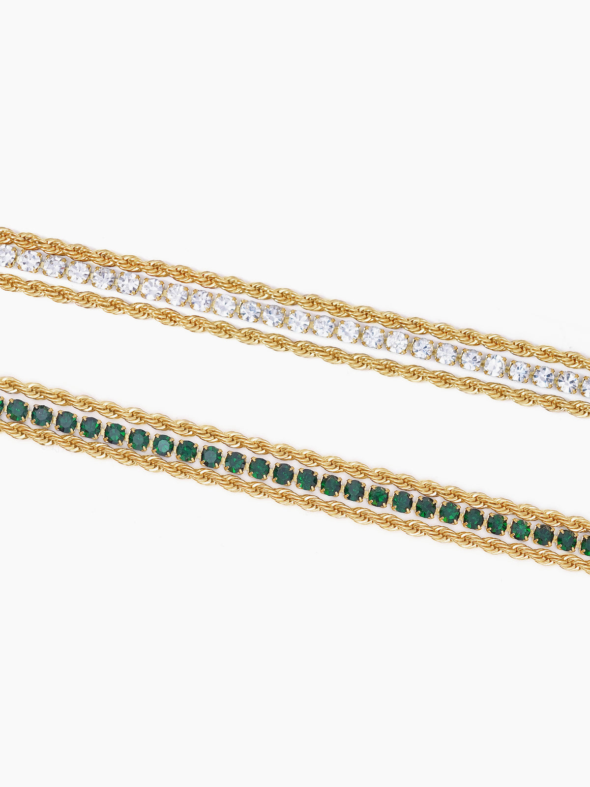 Reya White-Green Diamond Charms Layered Rope 18K Gold Plated Loose Bracelet