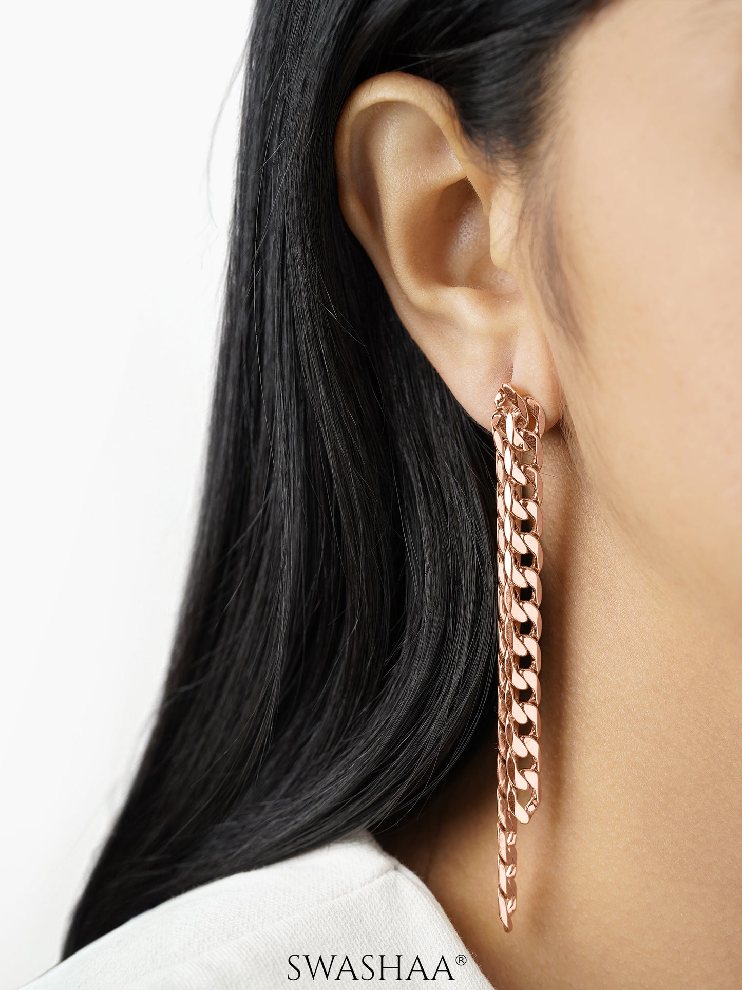 Rhea Double Strand Rosegold Plated Chain Dangling Earrings