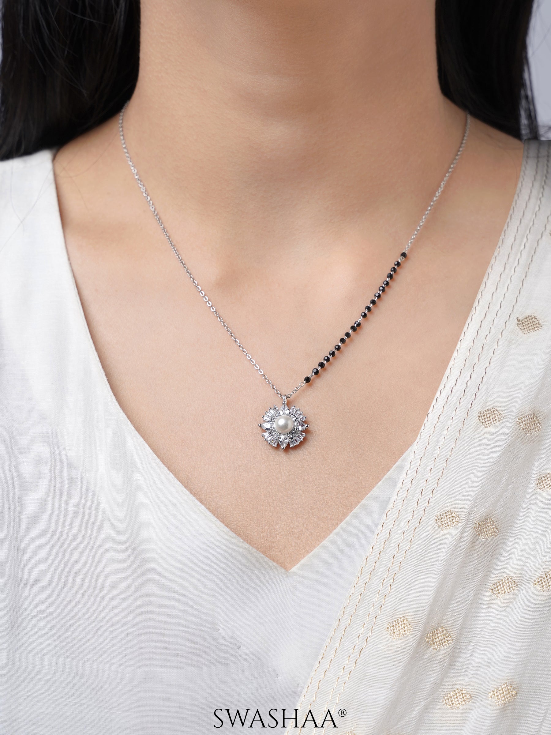 Riddhi Flower Pearl Diamond Pendant Silver Mangalsutra