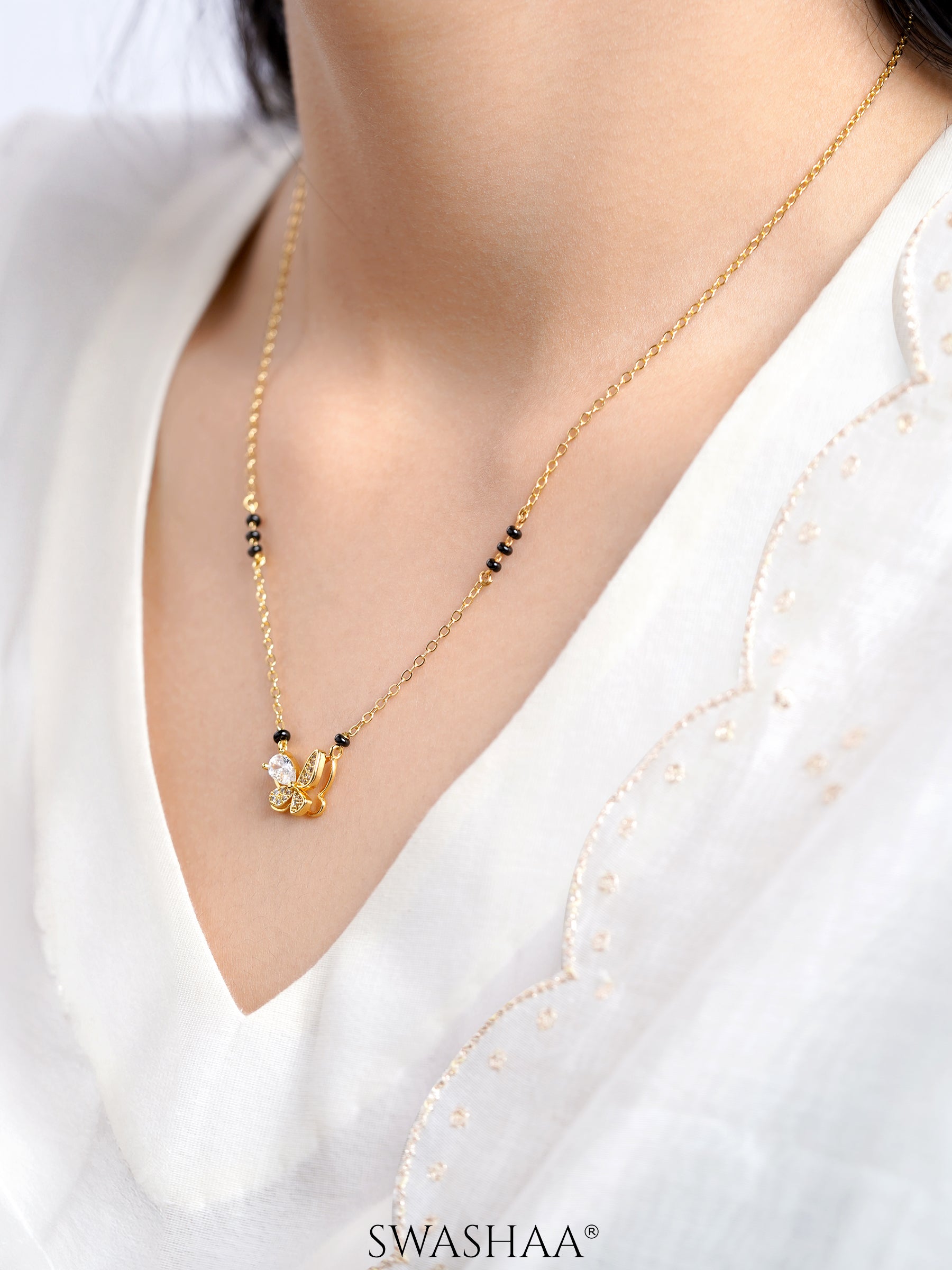 Ridhima Butterfly Diamond 18K Gold Plated Pendant Mangalsutra