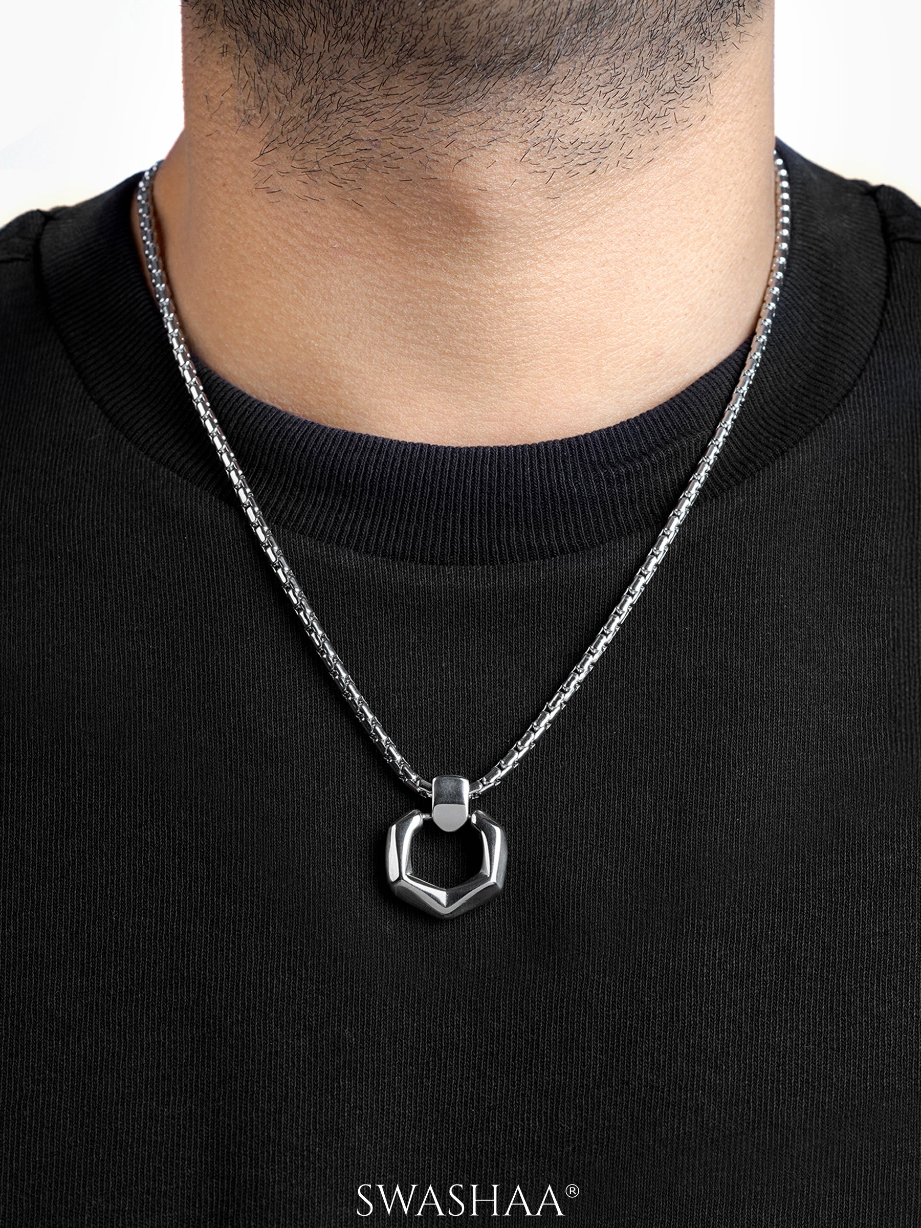 Rion Geomatric Hexa Men's Silver Chain Pendant