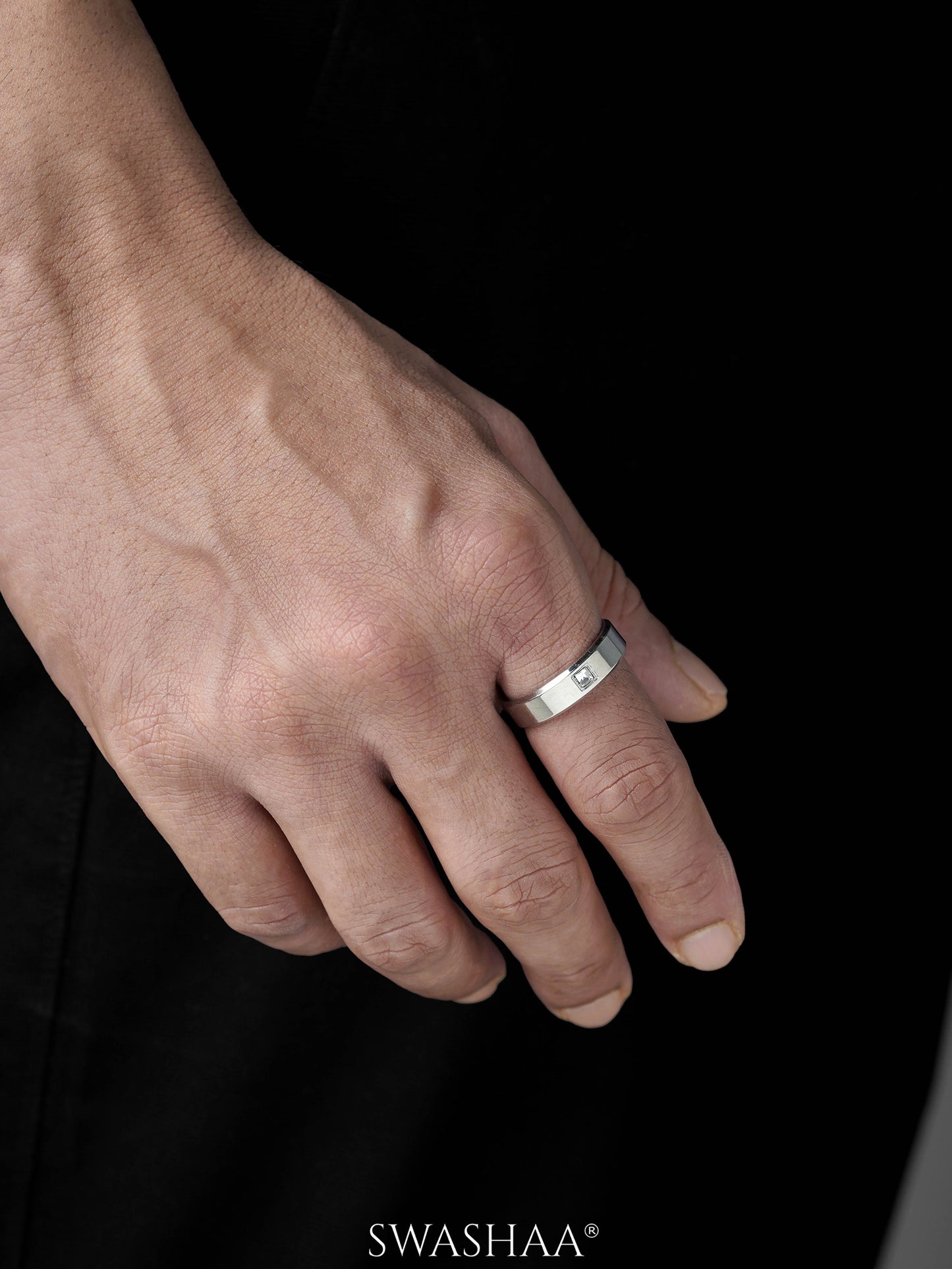 Rivaro Square CZ Diamond Silver Band Men's Ring