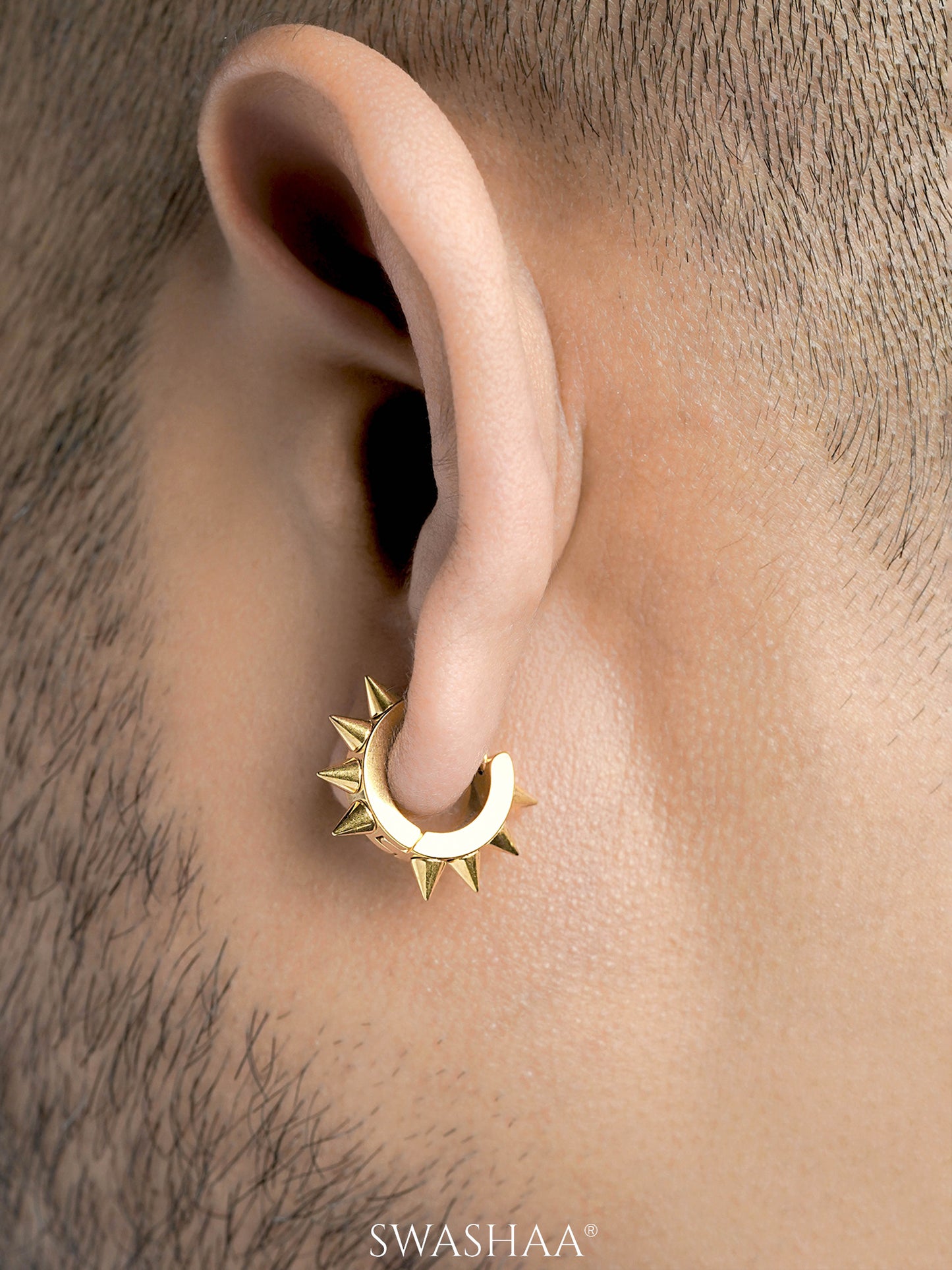 Riven Bold Spiked 18K Gold Plated Men's Hoop Earrings