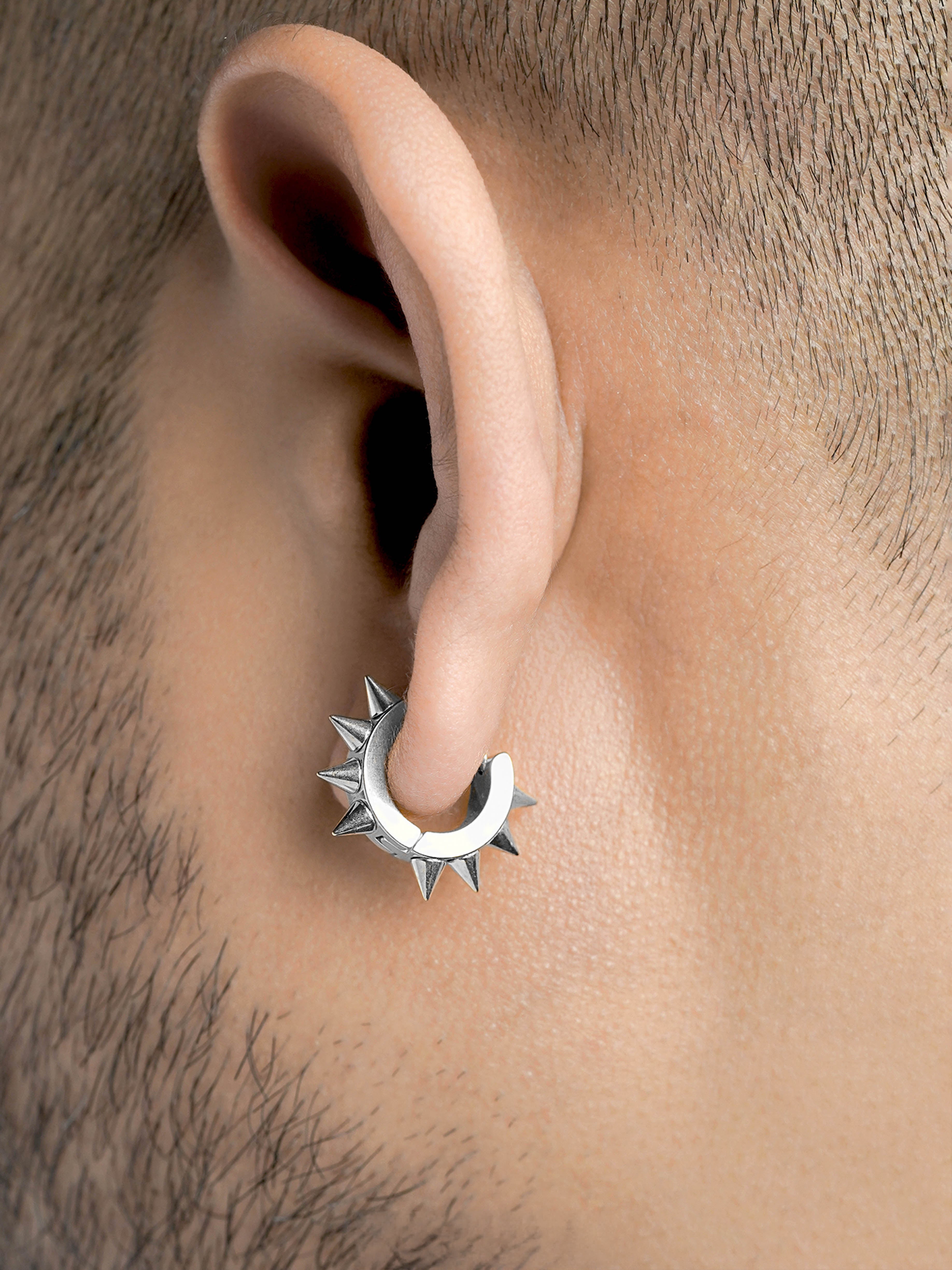 Riven Bold Spiked Silver Men's Hoop Earrings