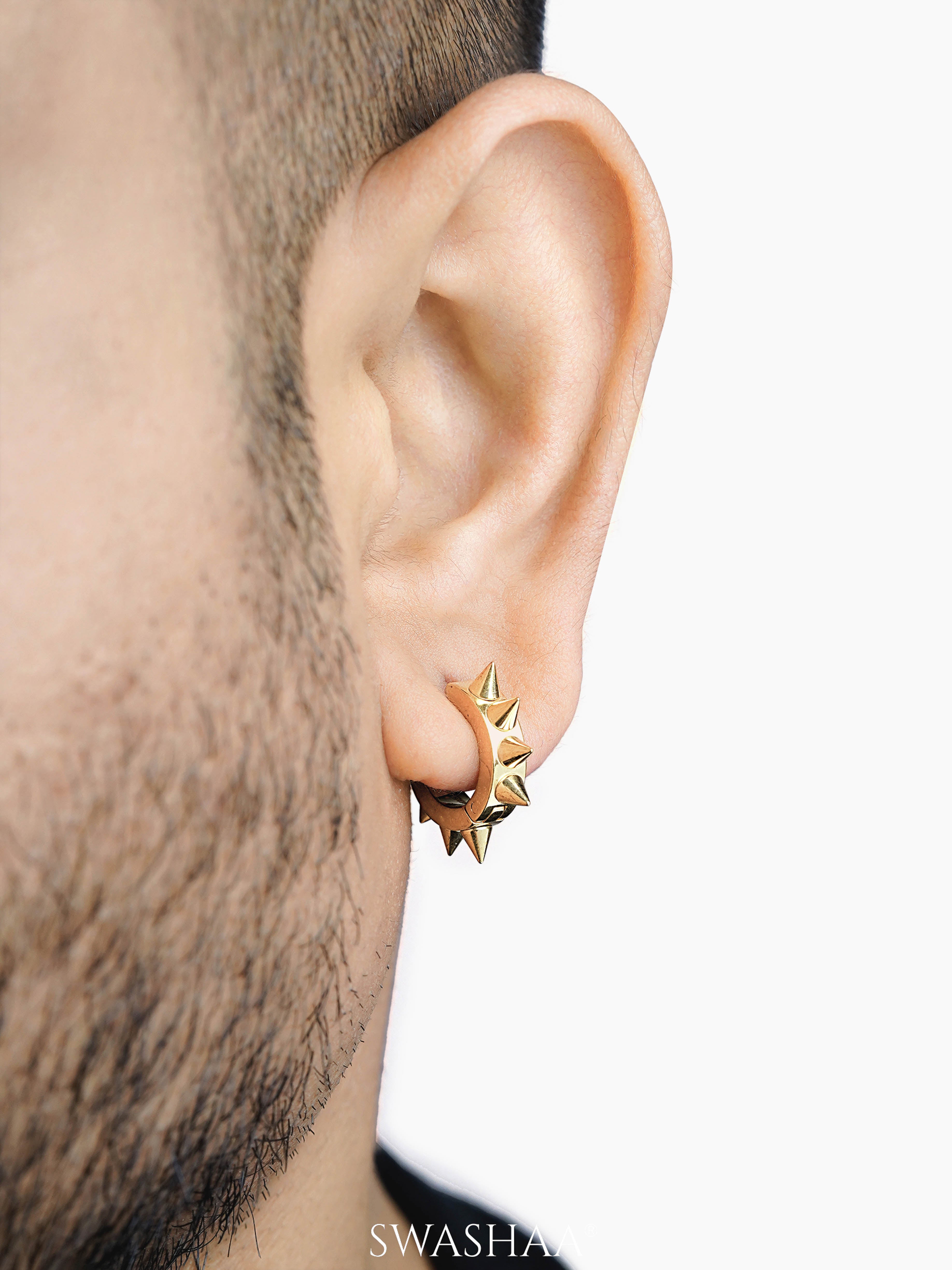 Riven Bold Spiked 18K Gold Plated Men's Hoop Earrings
