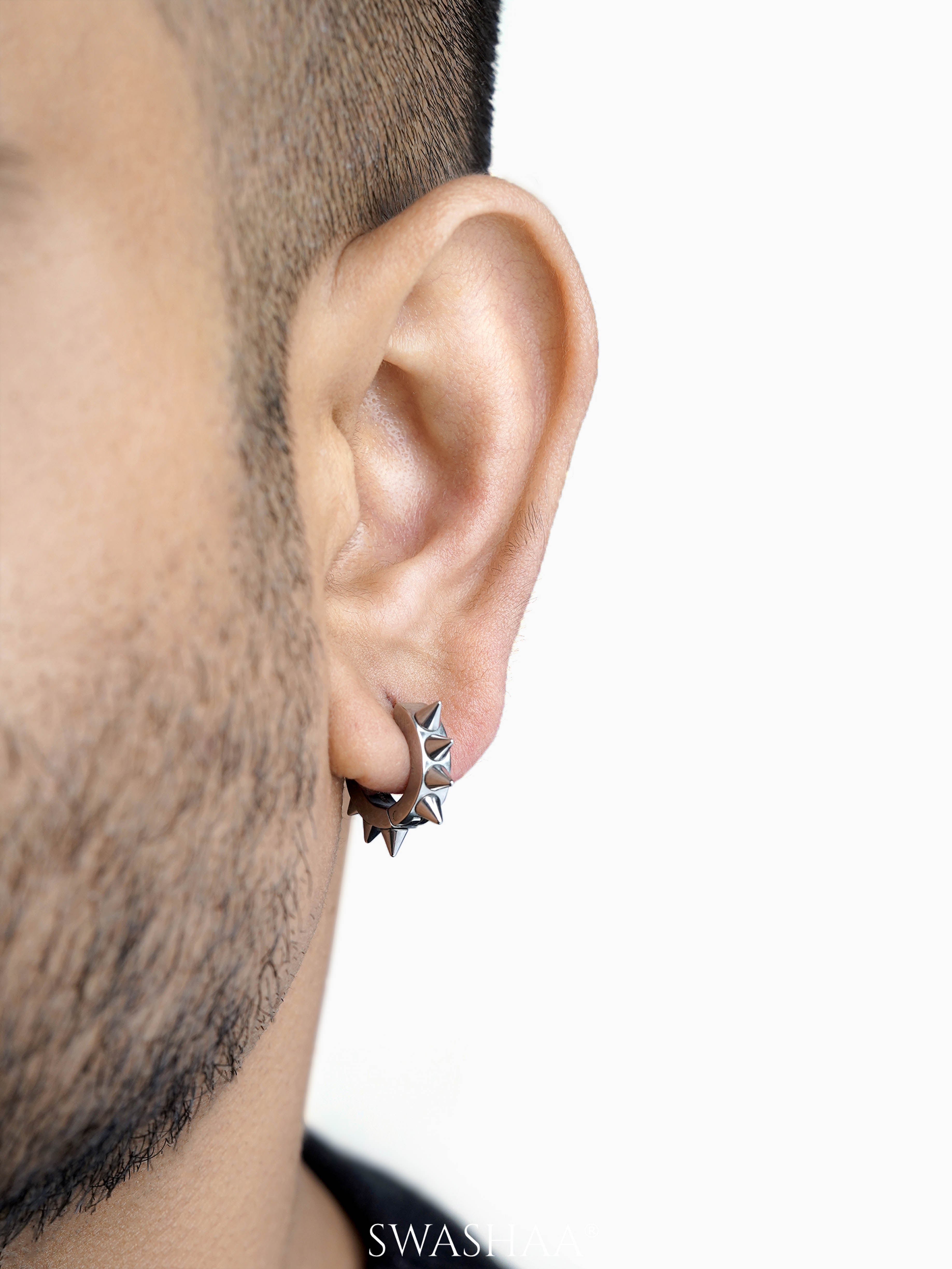 Riven Bold Spiked Silver Men's Hoop Earrings