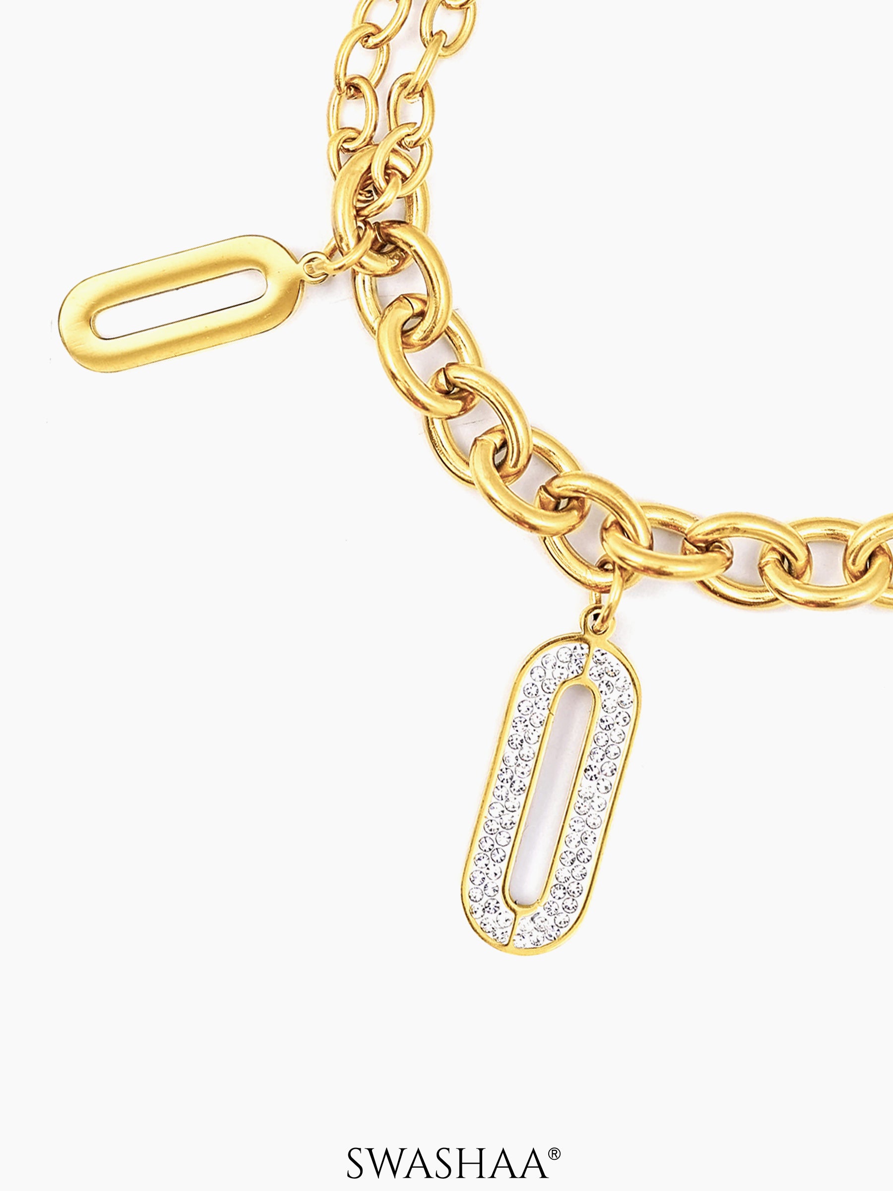 Roha Link Oval Shaped Dangling Diamond Charms 18K Gold Plated Bracelet