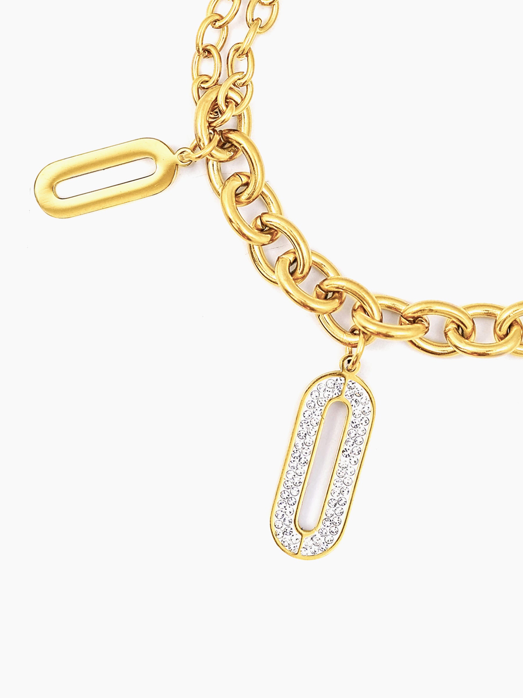 Roha Link Oval Shaped Dangling Diamond Charms 18K Gold Plated Bracelet