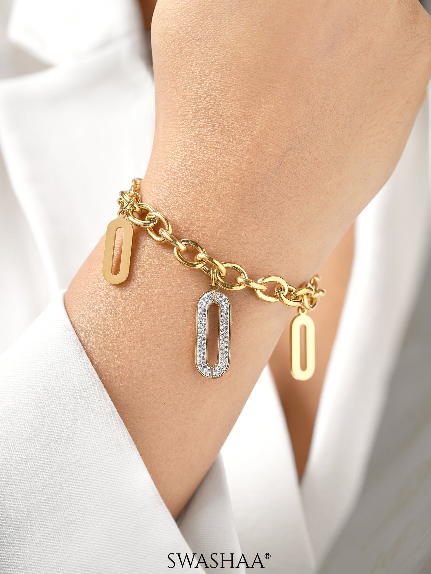 Roha Link Oval Shaped Dangling Diamond Charms 18K Gold Plated Bracelet