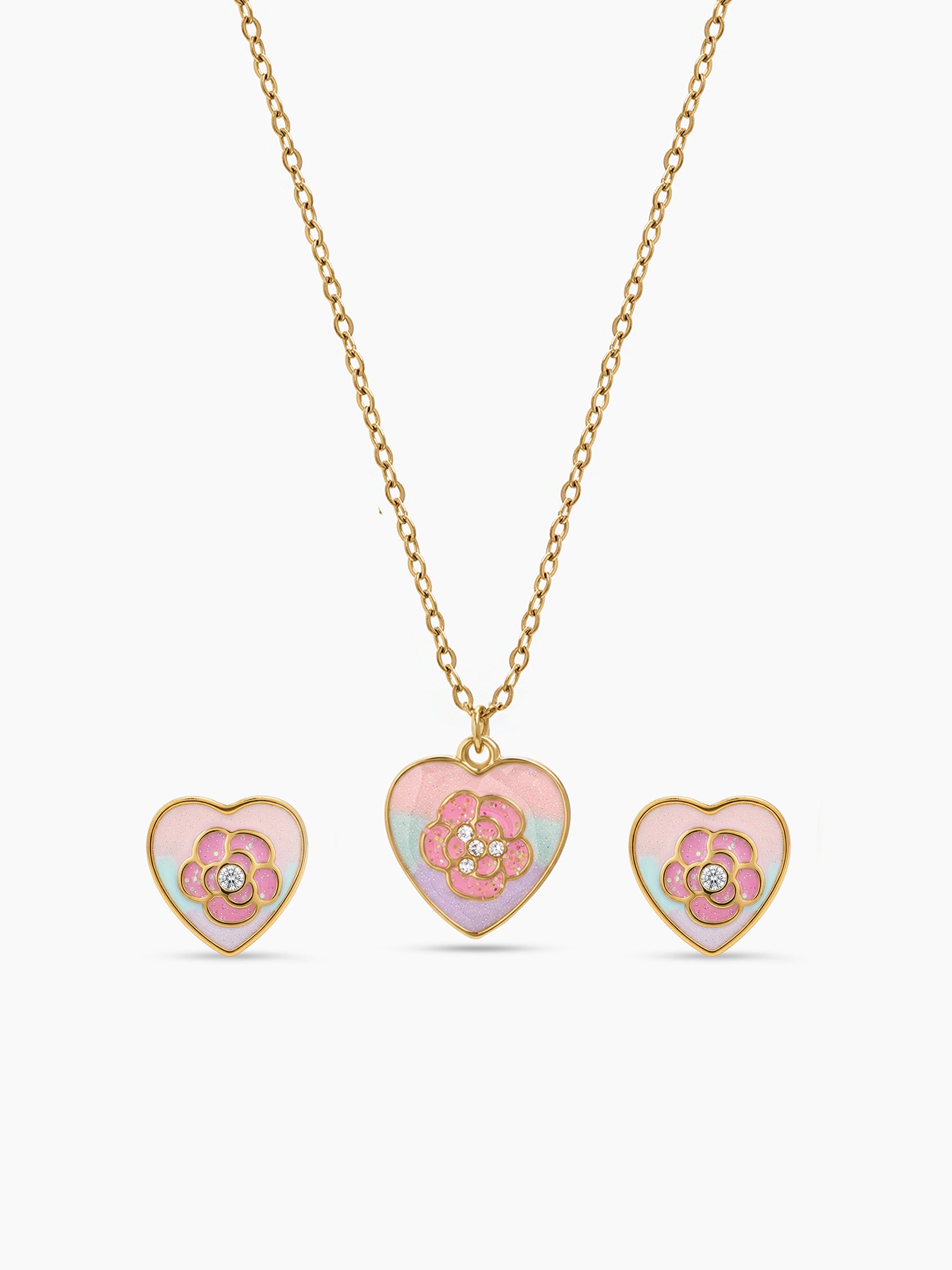 Rosy Bloom Heart Rose 18K Gold Plated Kid's Jewelry Set Of 2 - Necklace & Earrings