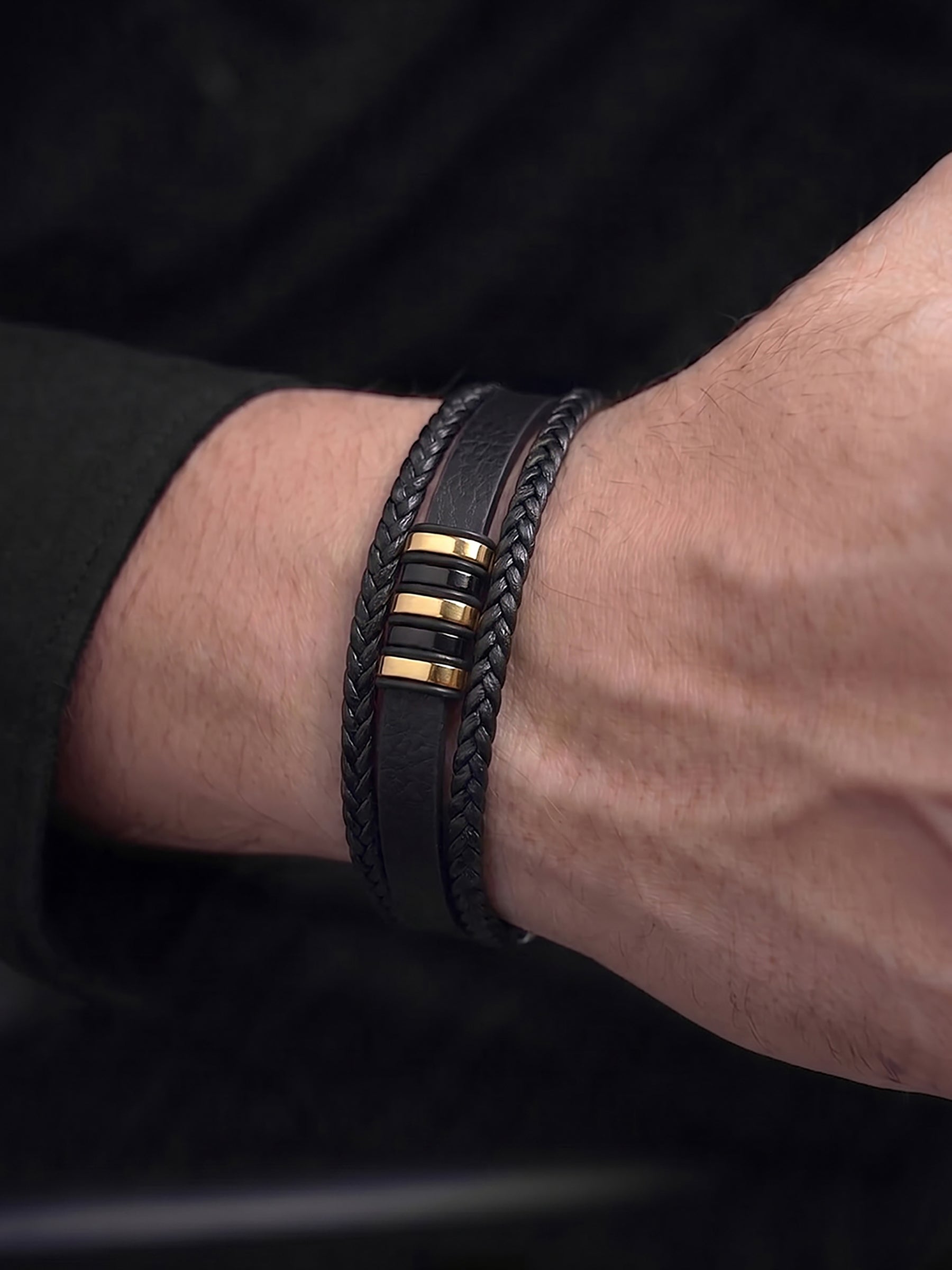 Rovek Braided Strap Men's Dual Gold - Black Leather Bracelet