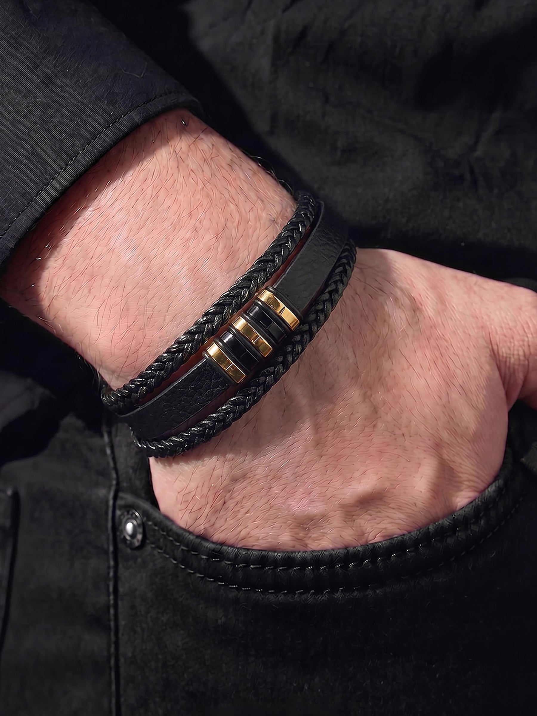 Rovek Braided Strap Men's Dual Gold - Black Leather Bracelet