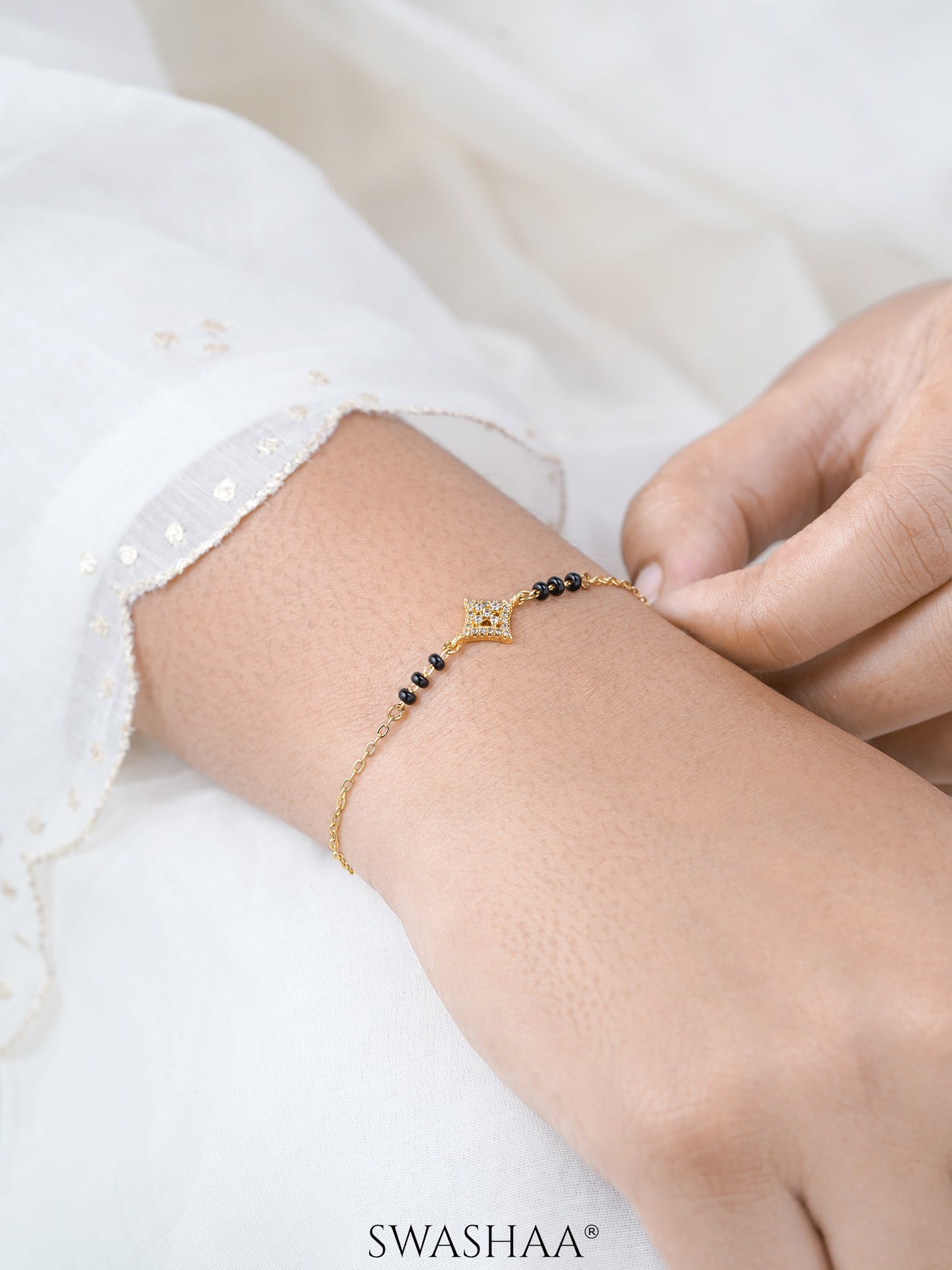 Ruhika Square Diamond Cluster Sparkling Charm 18K Gold Plated Mangalsutra Bracelet