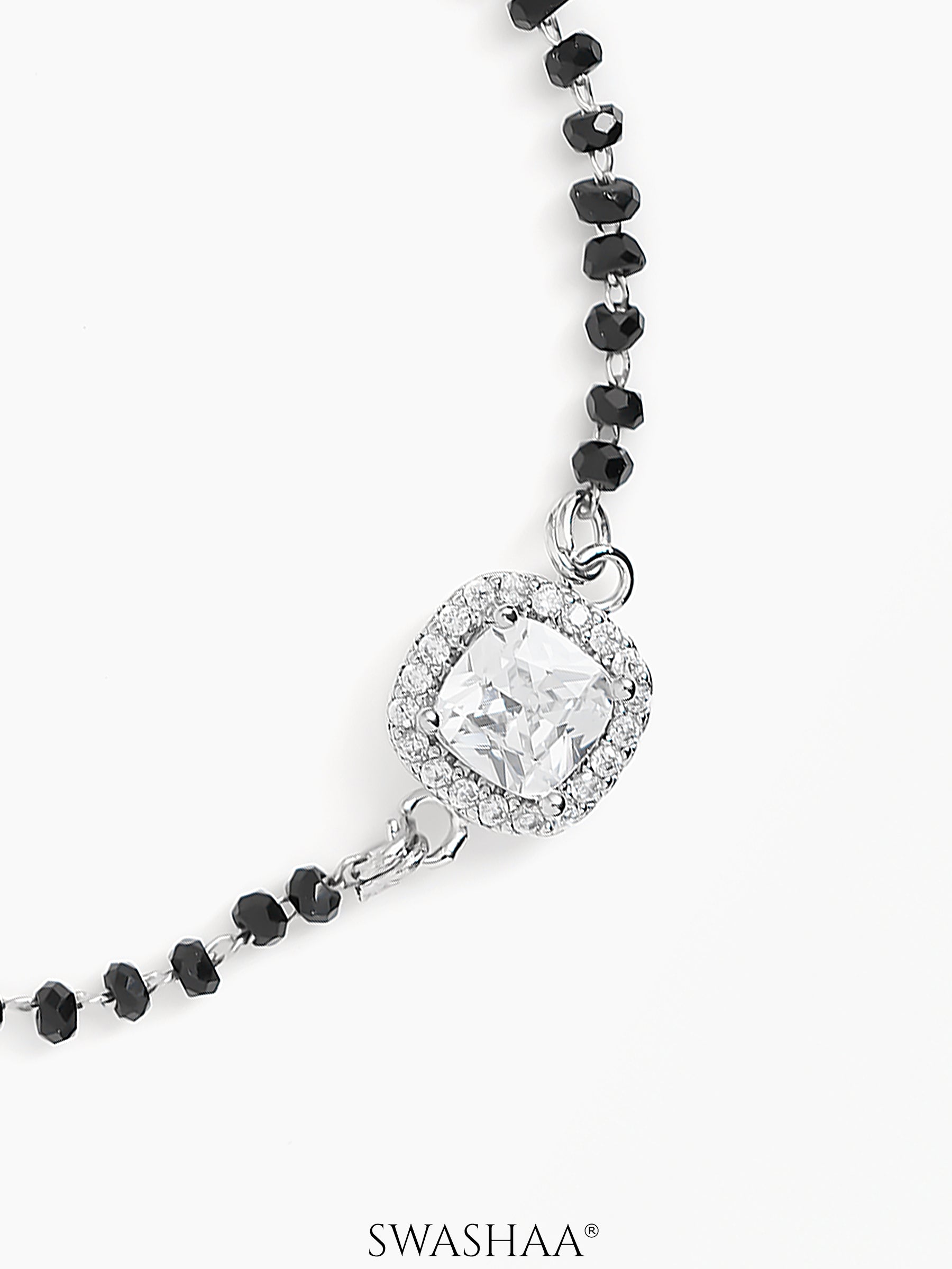 Ruvina Solitaire Halo Black Beads Silver Mangalsutra Bracelet