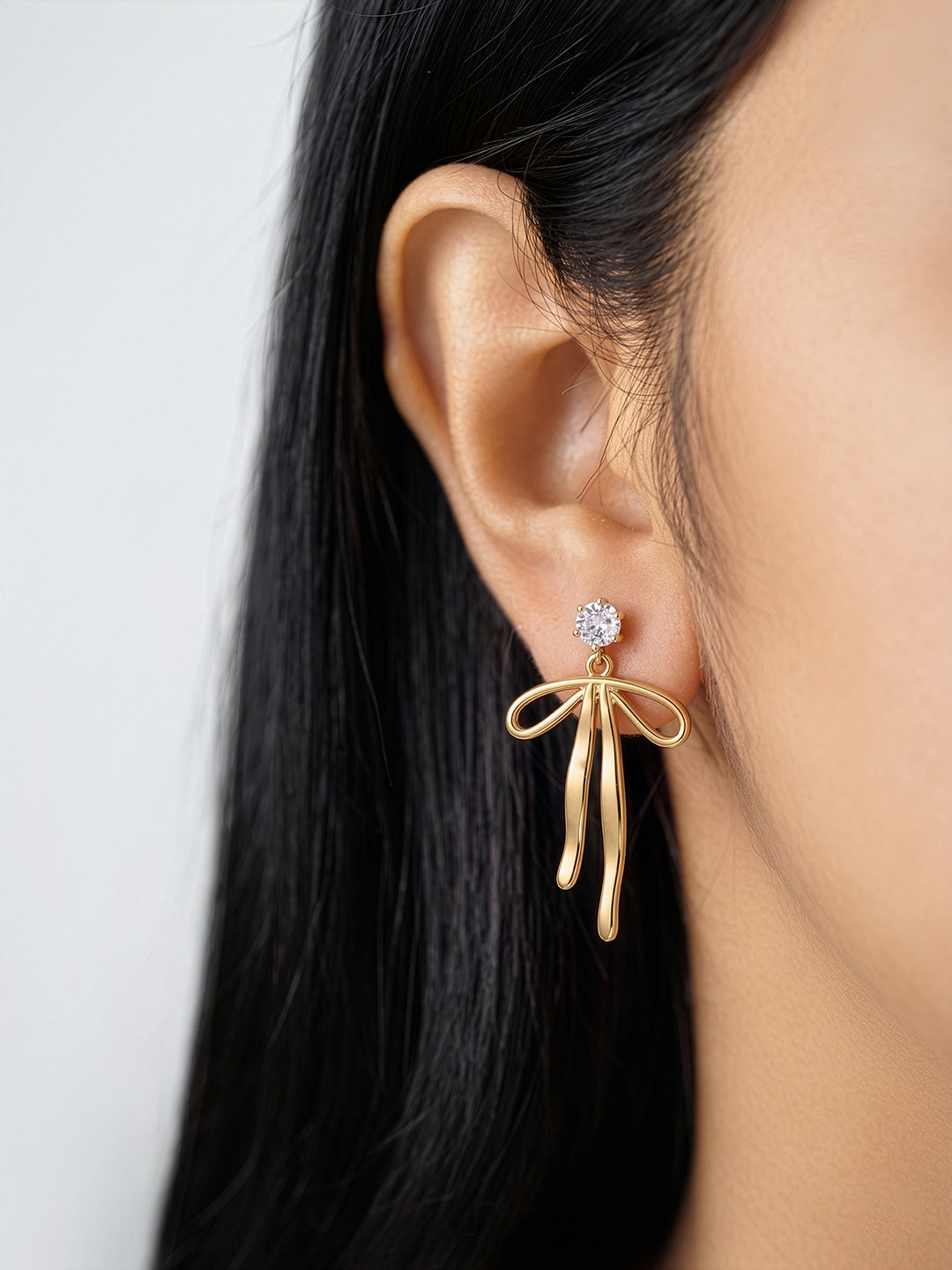 Helina Ribbon Solitaire Diamond Drop 18K Gold Plated Women's Earrings